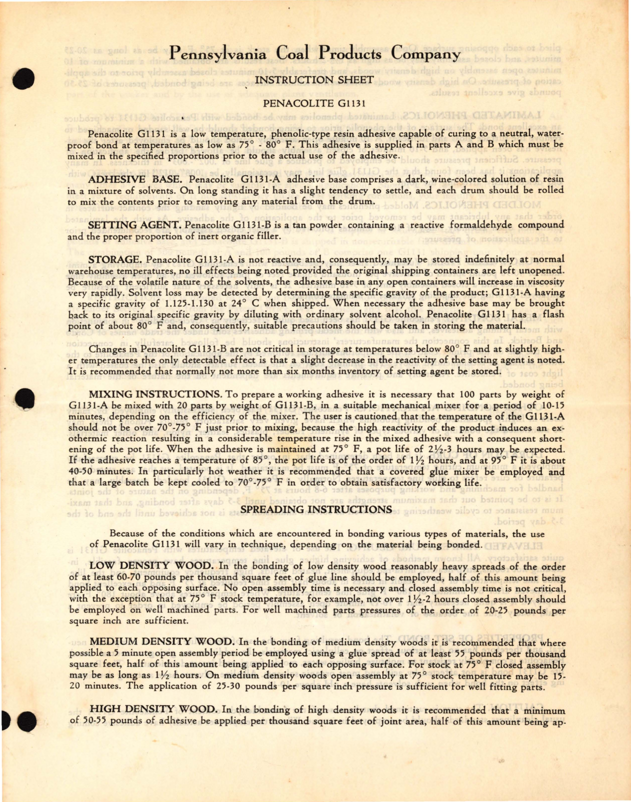 Sample page 1 from AirCorps Library document: Pennsylvania Coal Products Company Instructions Sheet Penacolite G113