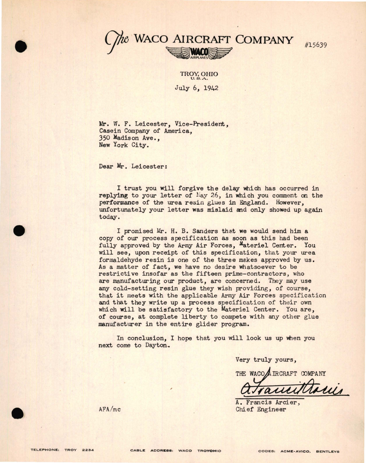 Sample page 1 from AirCorps Library document: Performance of the Urea Resin Glues in England, Waco Aircraft Co Letter