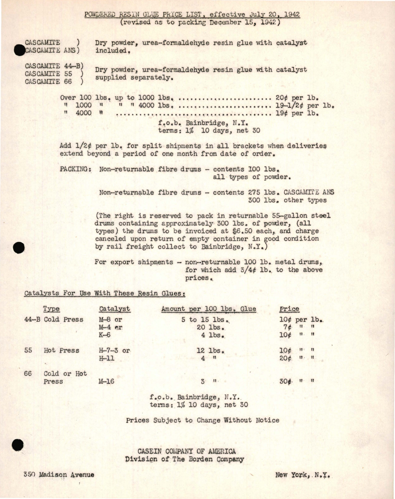 Sample page 1 from AirCorps Library document: Powdered Resin Glue (Cascamite) Price List 