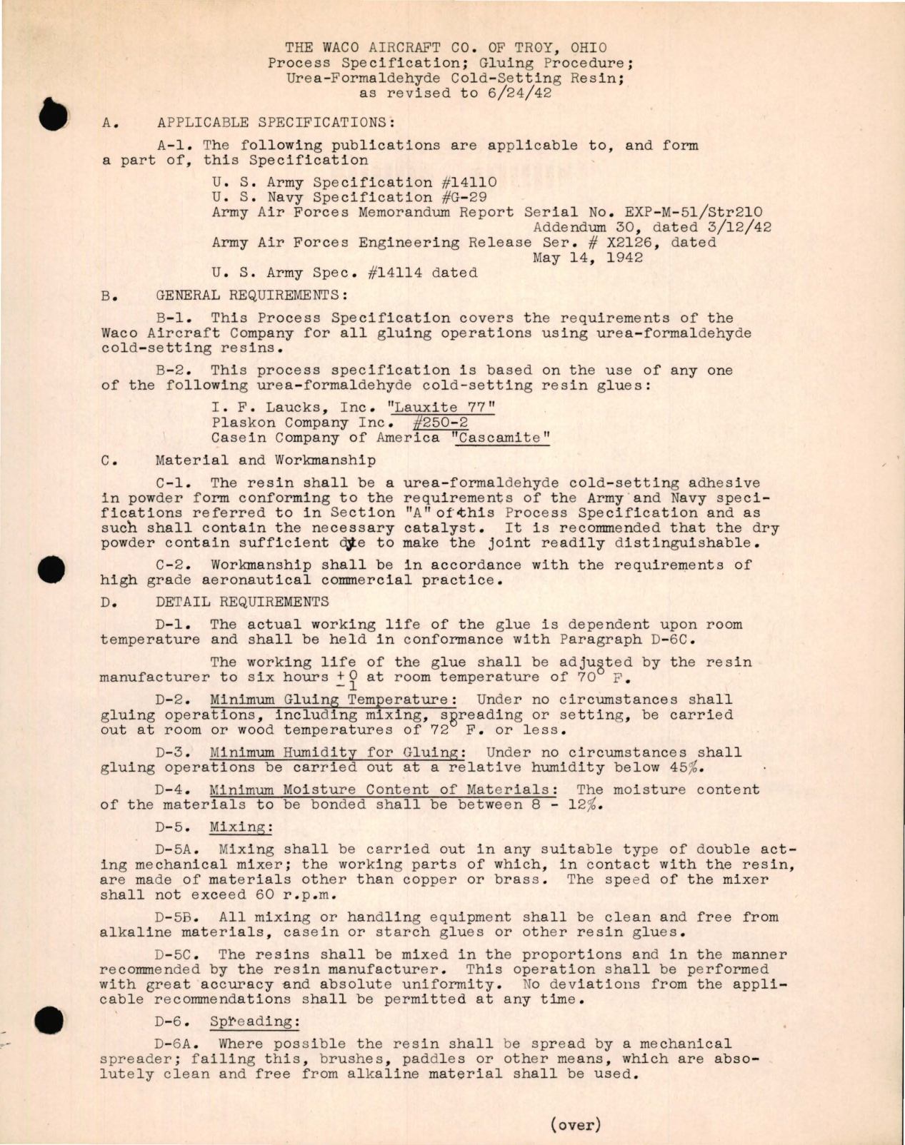 Sample page 1 from AirCorps Library document: Process Specification, Gluing Procedure, Urea-Formaldehyde Cold-Setting Resin