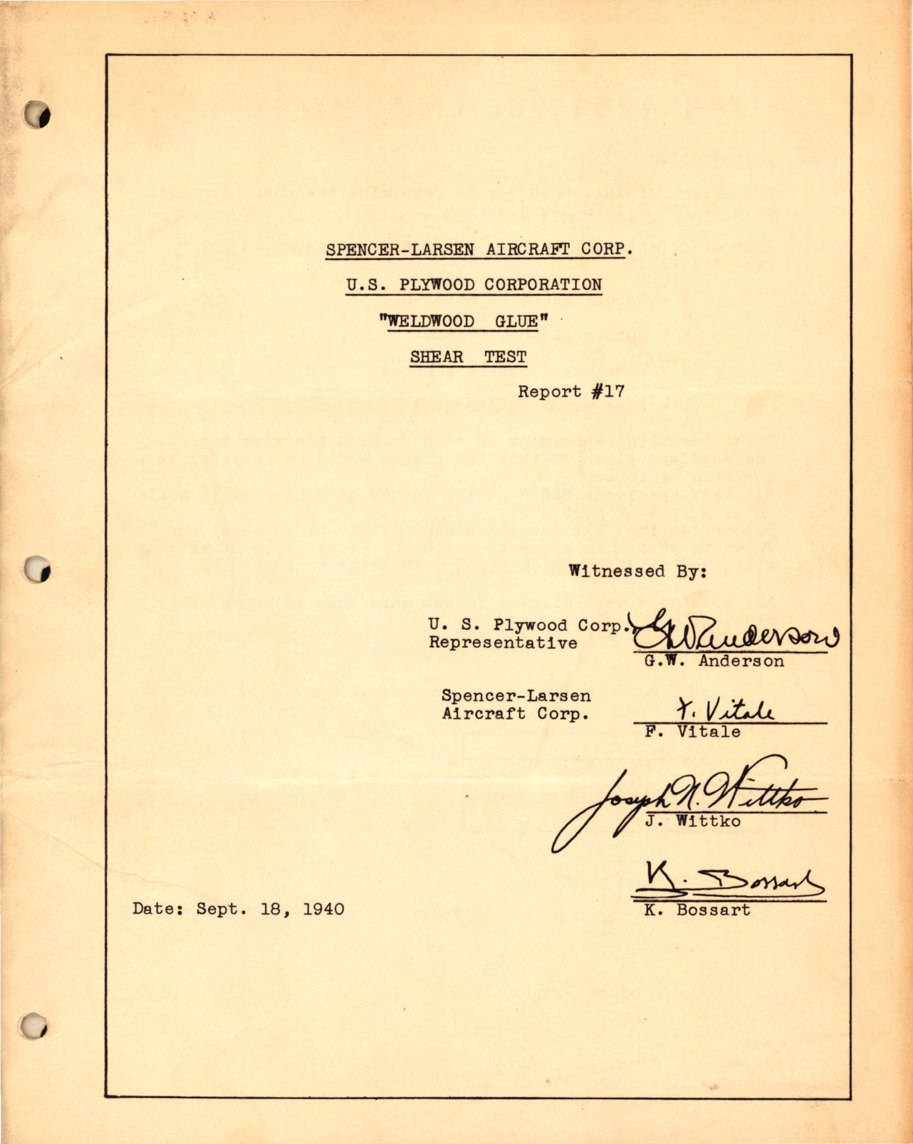 Sample page 1 from AirCorps Library document:  Spencer-Larsen Aircraft Corp, U S Plywood Corporation Weldwood Glue Shear Test