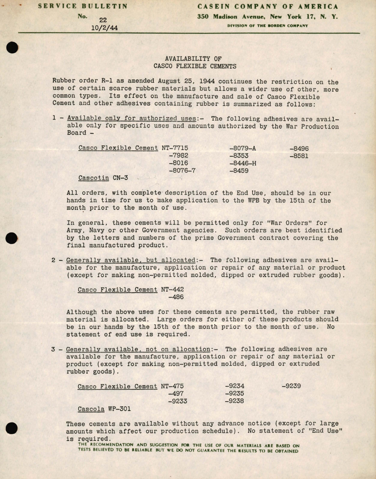 Sample page 1 from AirCorps Library document: Availability of Casco Flexible Cements 