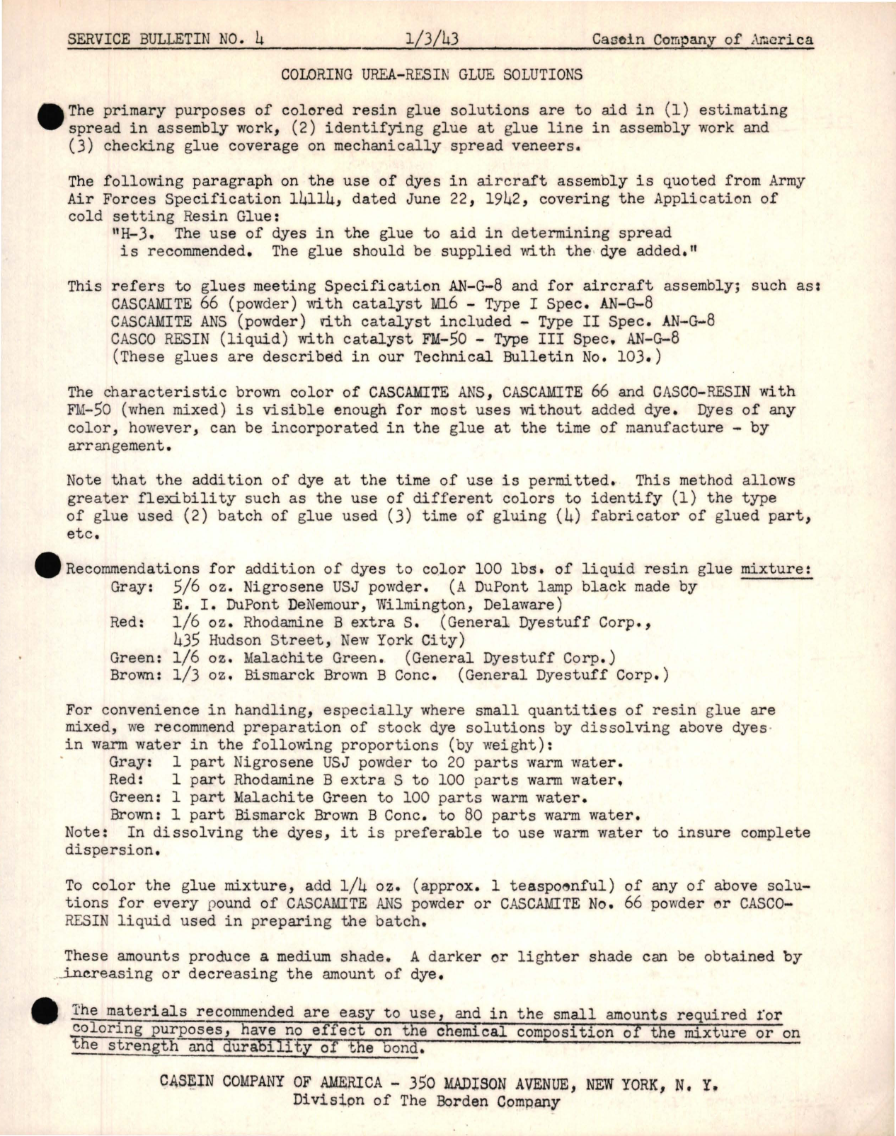 Sample page 1 from AirCorps Library document: Coloring Urea-Resin Glue Solutions 