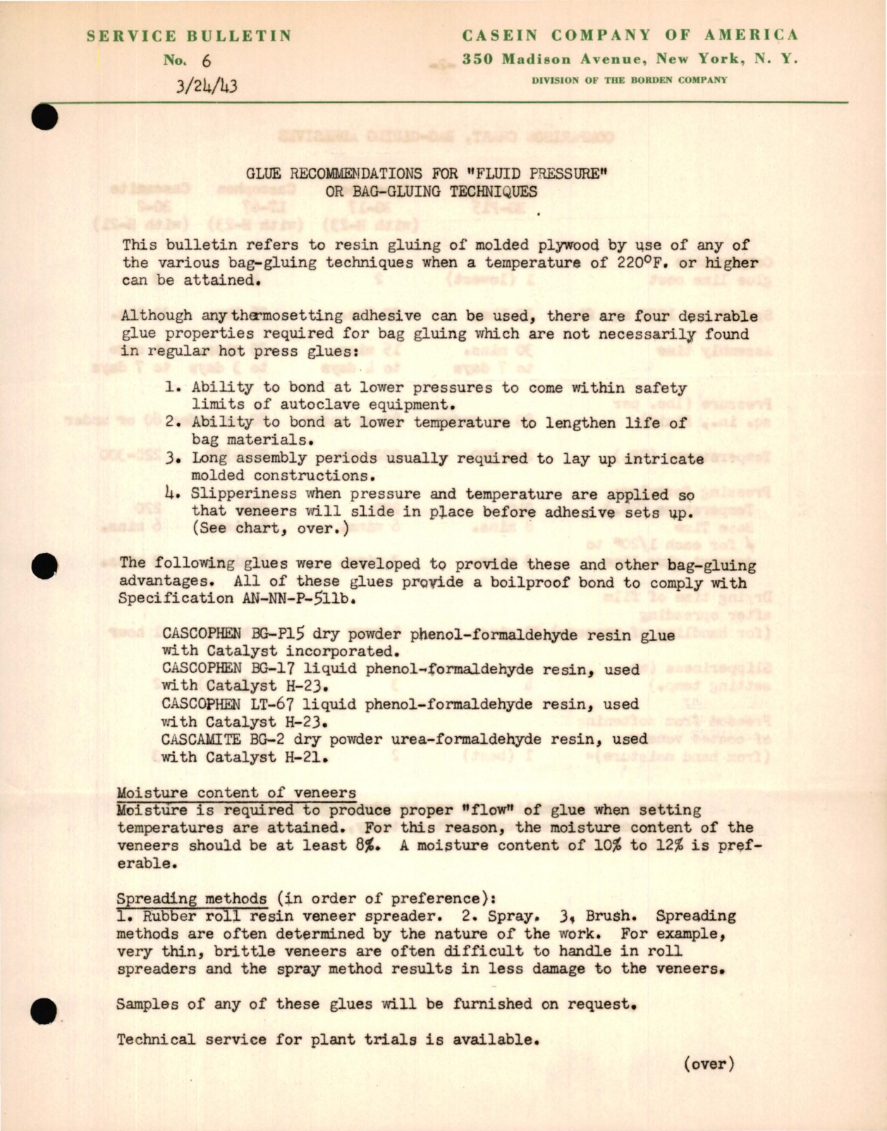 Sample page 1 from AirCorps Library document: Glue Recommendations for Fluid Pressure or Bag-Gluing Techniques