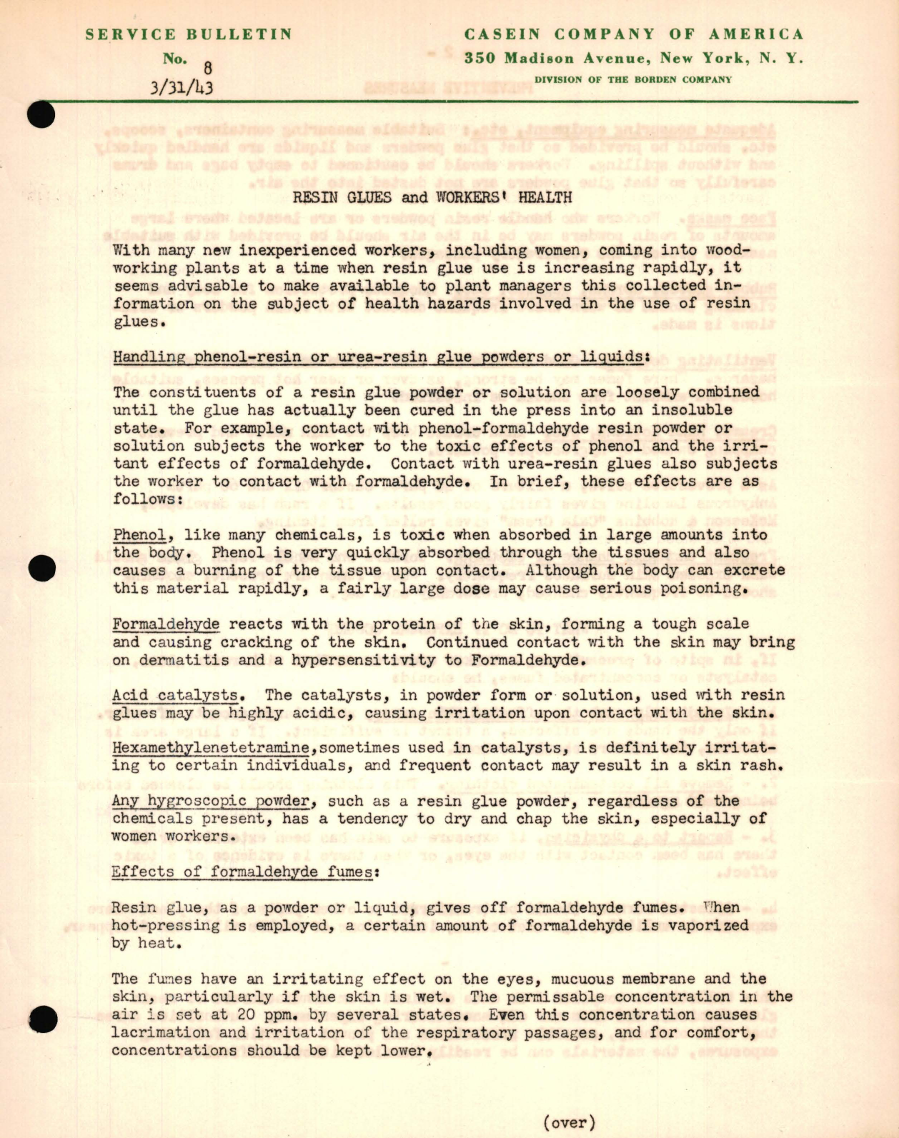 Sample page 1 from AirCorps Library document:  Resin Glues and Workers Health 