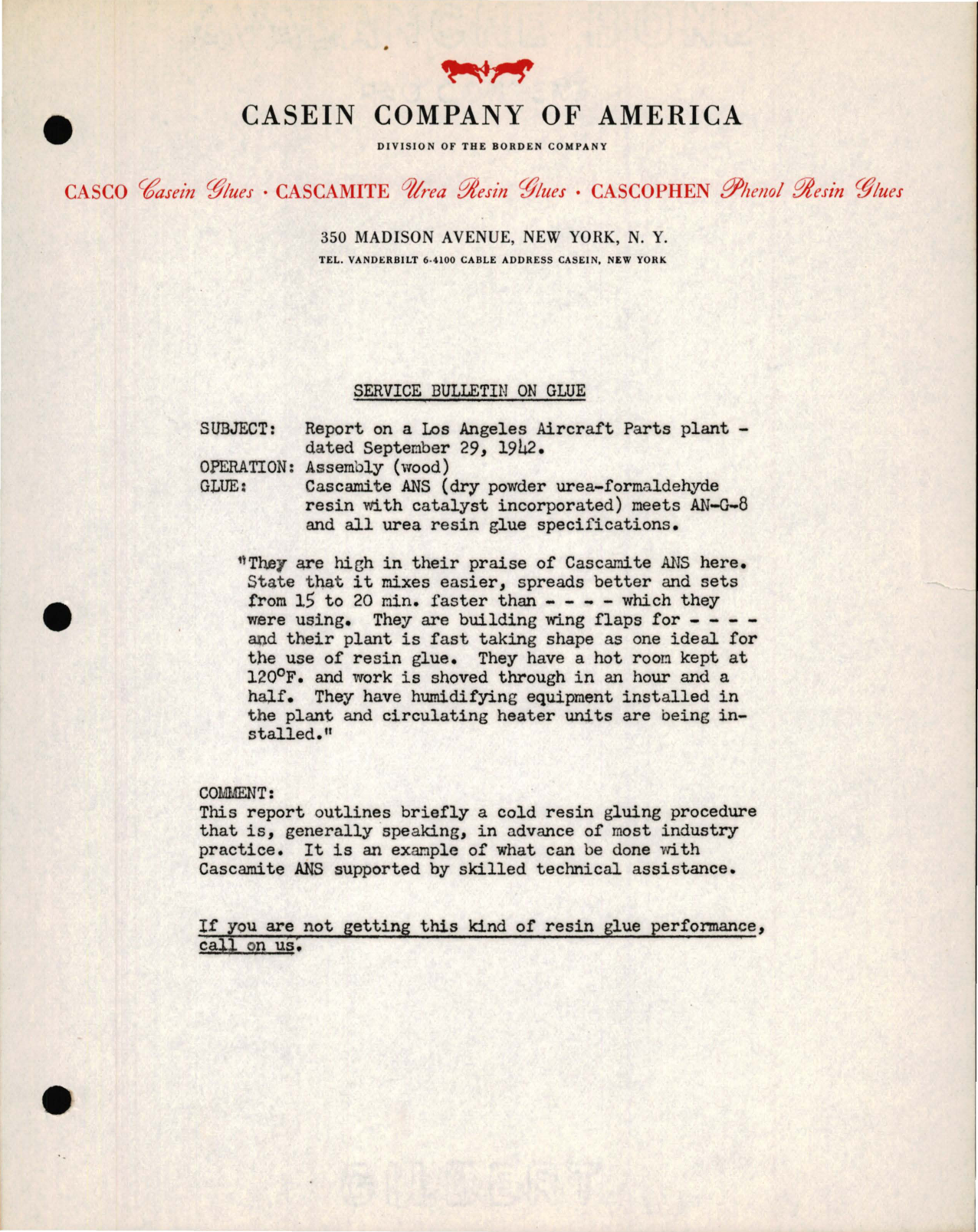 Sample page 1 from AirCorps Library document: Service Bulletin on Glue, Cascamite ANS Letter 