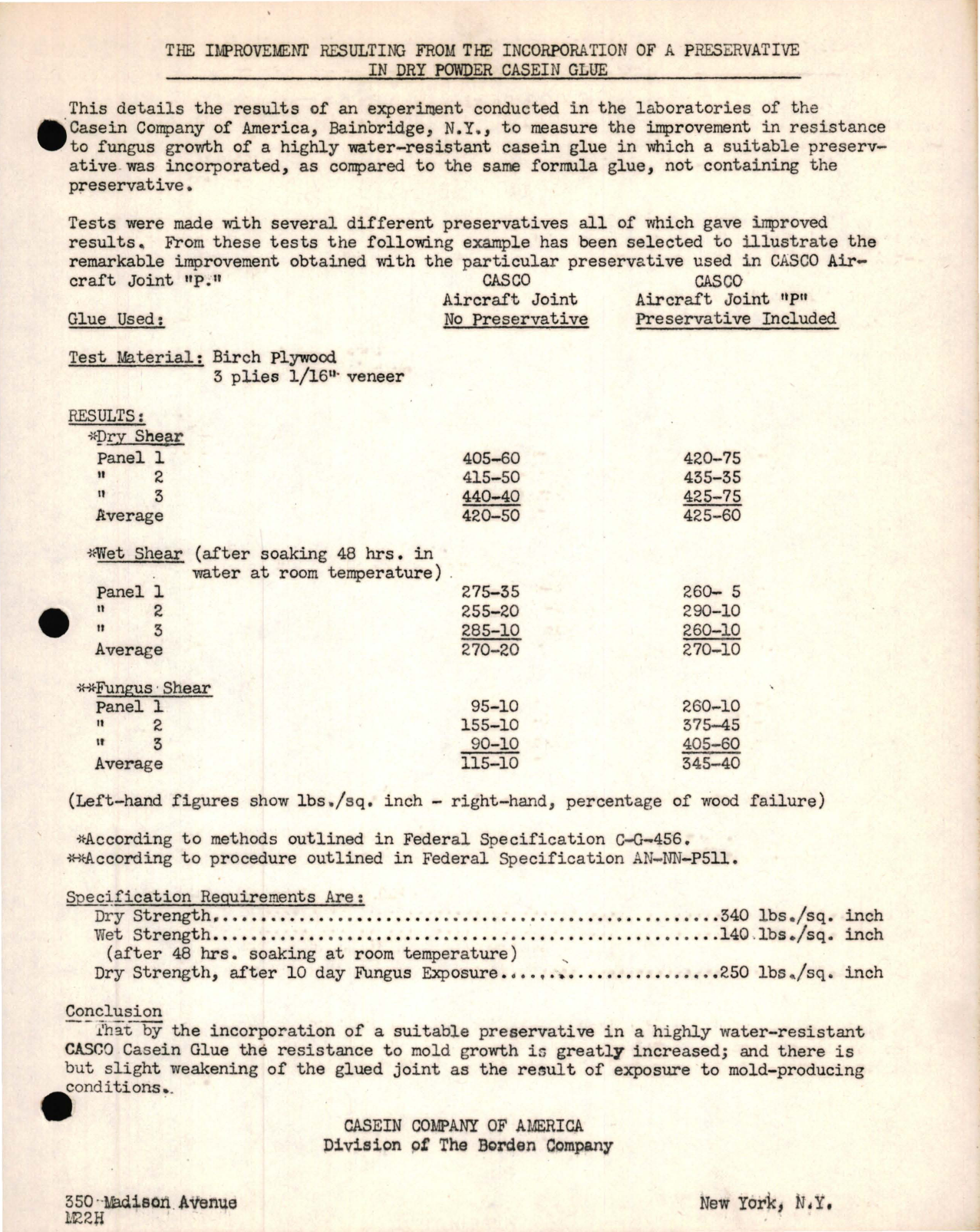 Sample page 1 from AirCorps Library document: The Improvement Resulting From the Incorporation of a Preservative in Dry Powder Casein Glue 