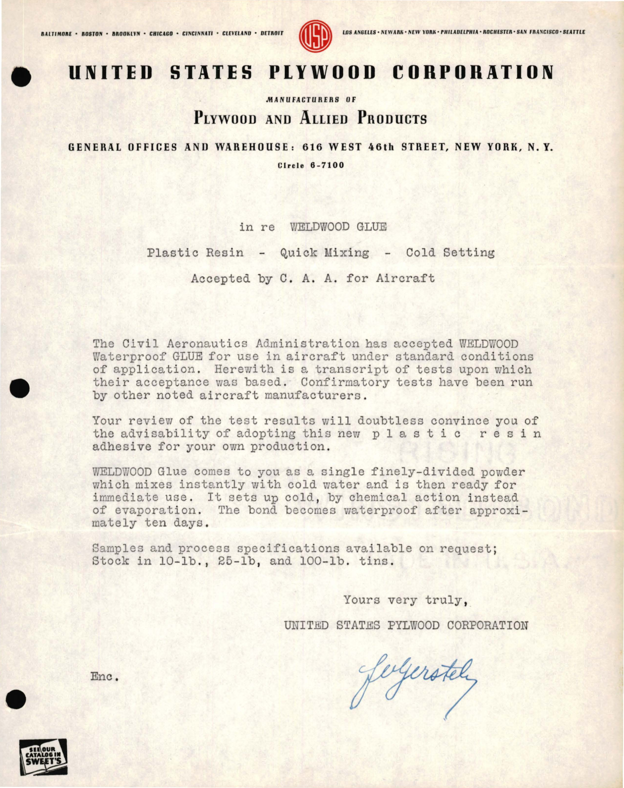 Sample page 1 from AirCorps Library document: Weldwood Glue, Plastic Resin, Quick Mixing, Cold Setting, US Plywood Corp Letter