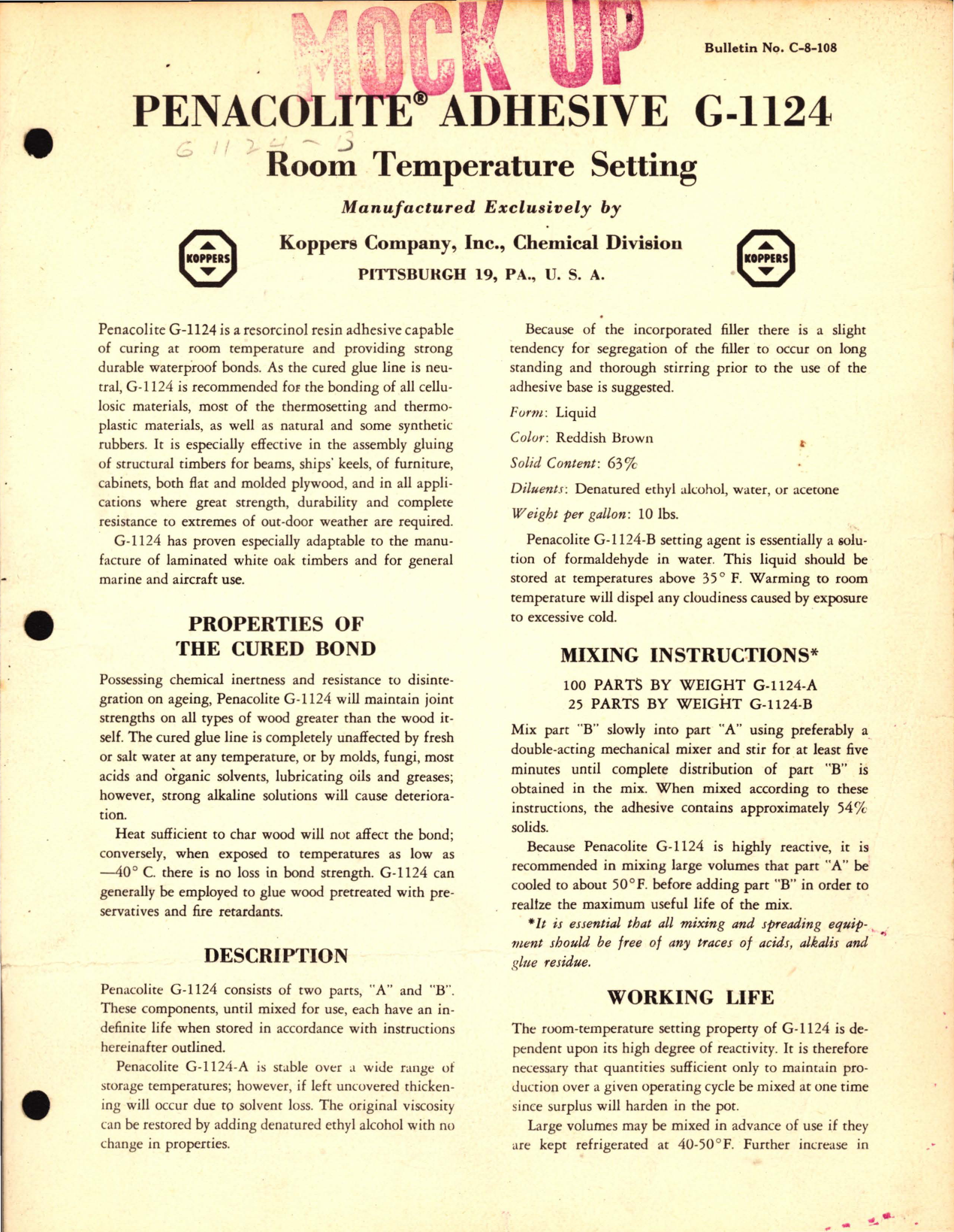 Sample page 1 from AirCorps Library document: Penacolite Adhesive G-1124 Room Temperature Setting