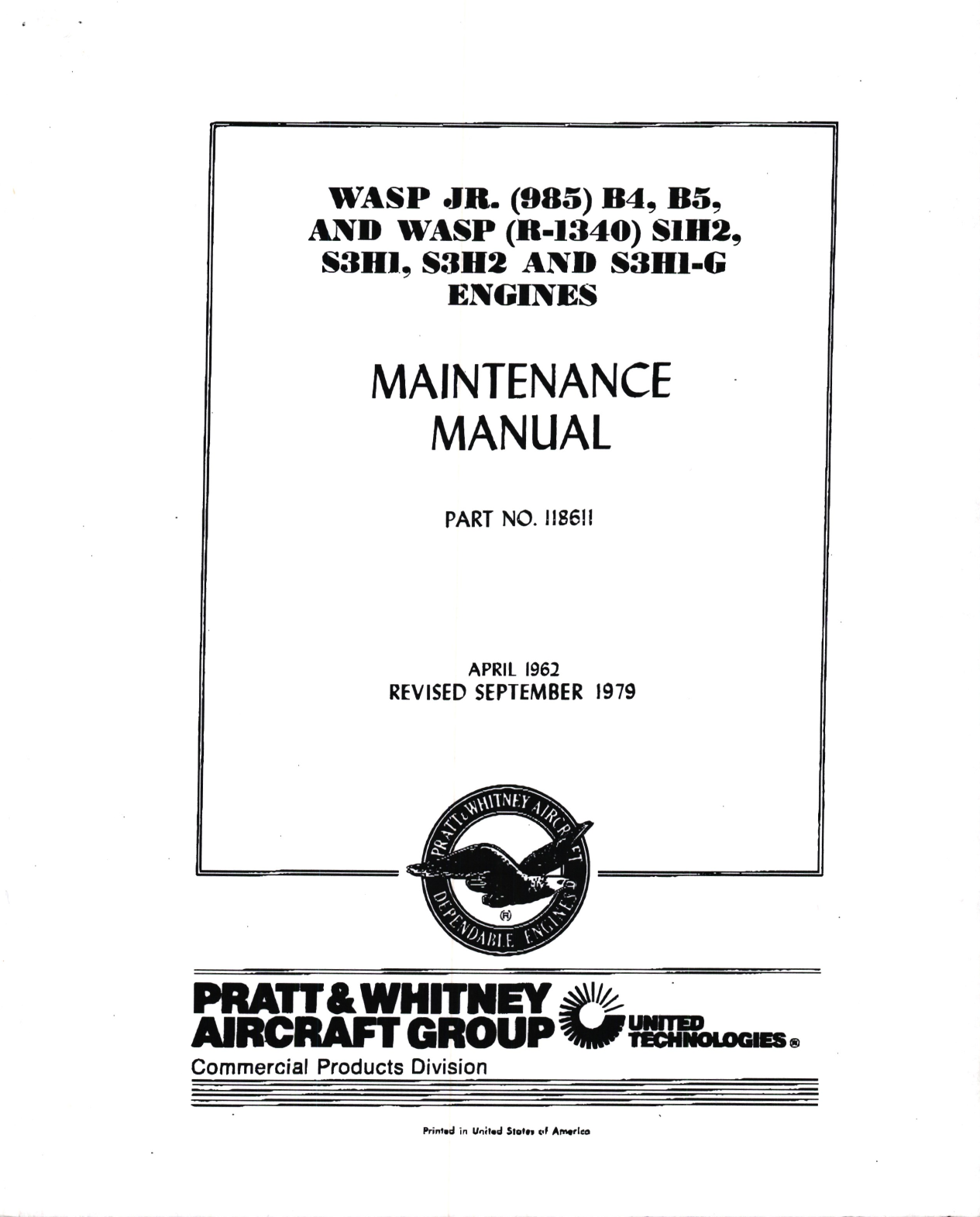 Sample page 1 from AirCorps Library document:  Maintenance Manual for R-985 WASP JR. and R-1340 WASP Engines