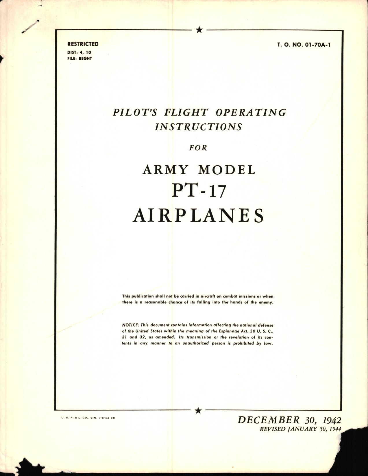 Sample page 1 from AirCorps Library document: Pilot's Flight Operating Instructions for Model PT-17