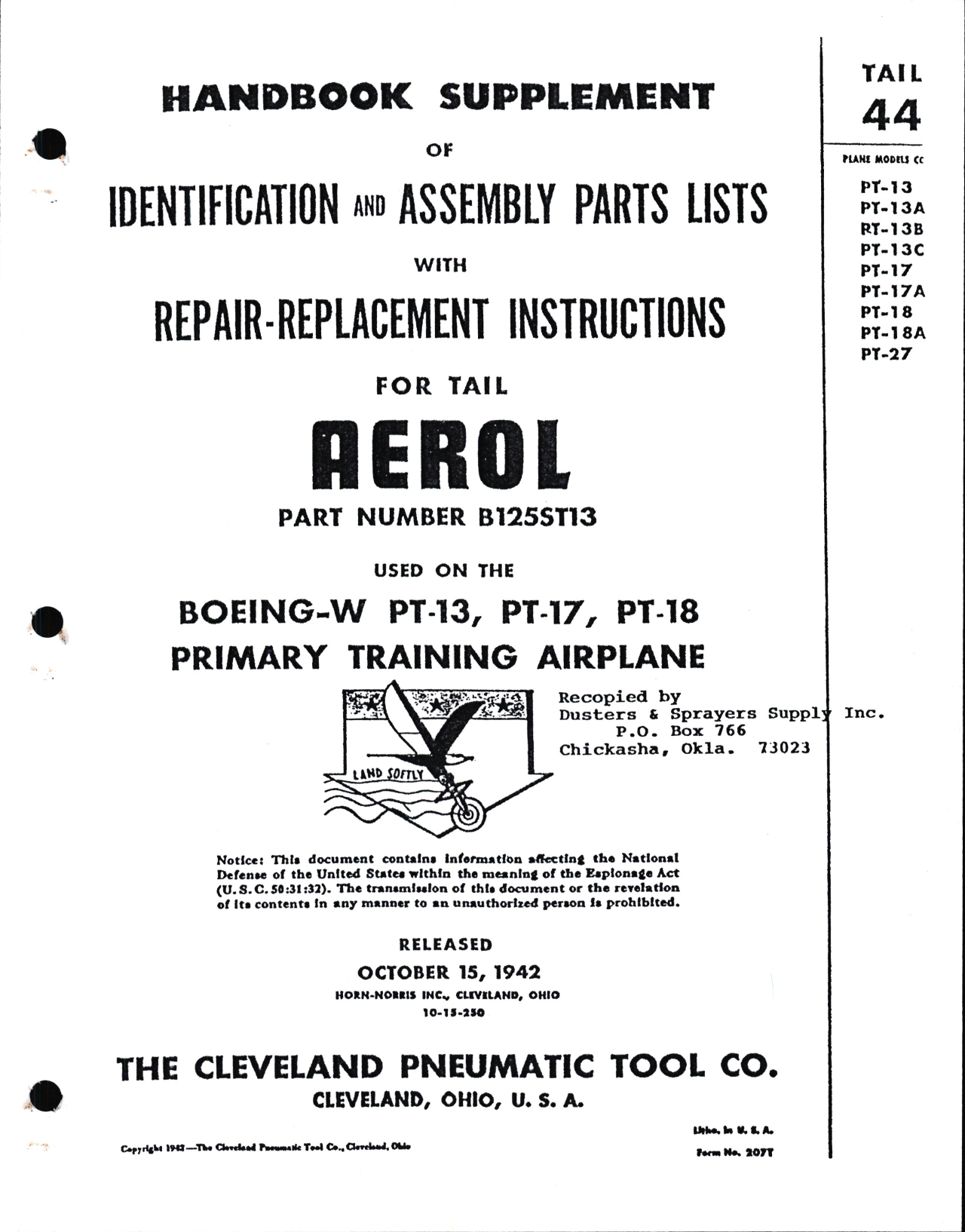 Sample page 1 from AirCorps Library document: Identification, Assembly Parts Lists with Repair - Replacement Instructions for Tail Aerol Part No. B125ST13, for PT-13, PT-17, and PT-18 