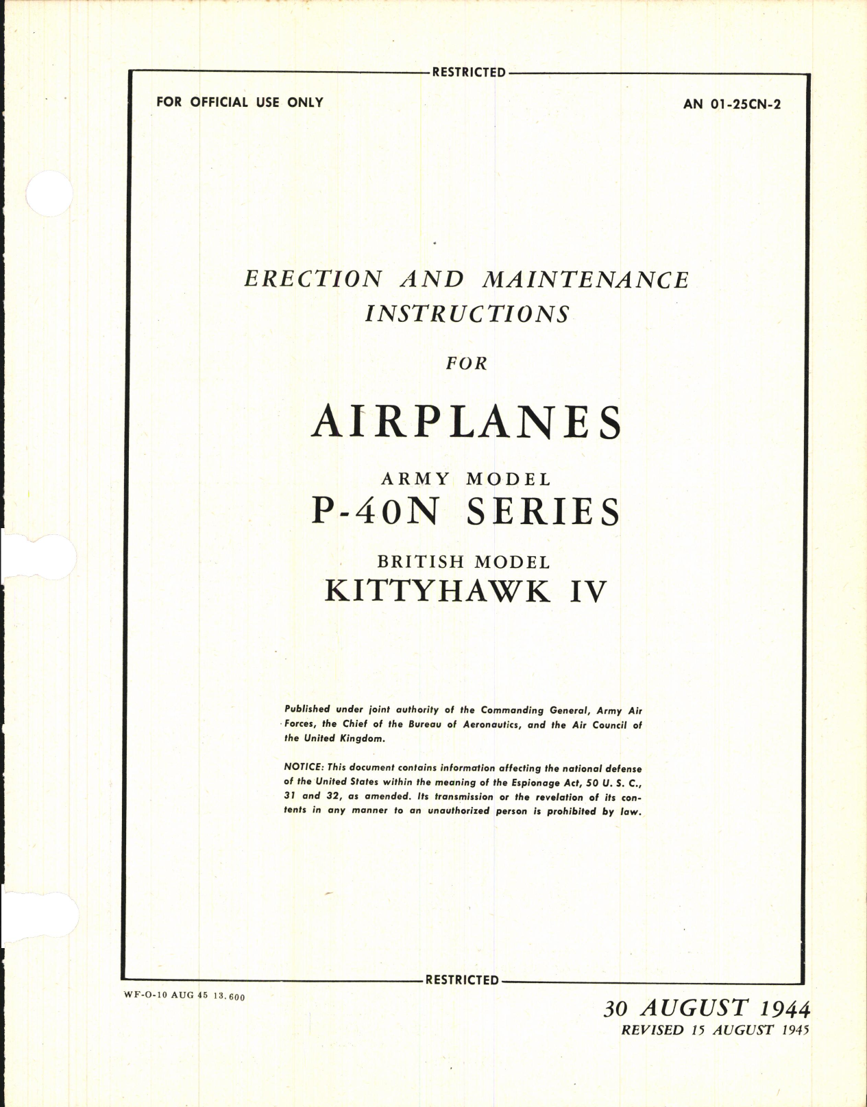 Sample page 1 from AirCorps Library document: Erection & Maintenance Instructions for P-40N Series, Kittyhawk IV