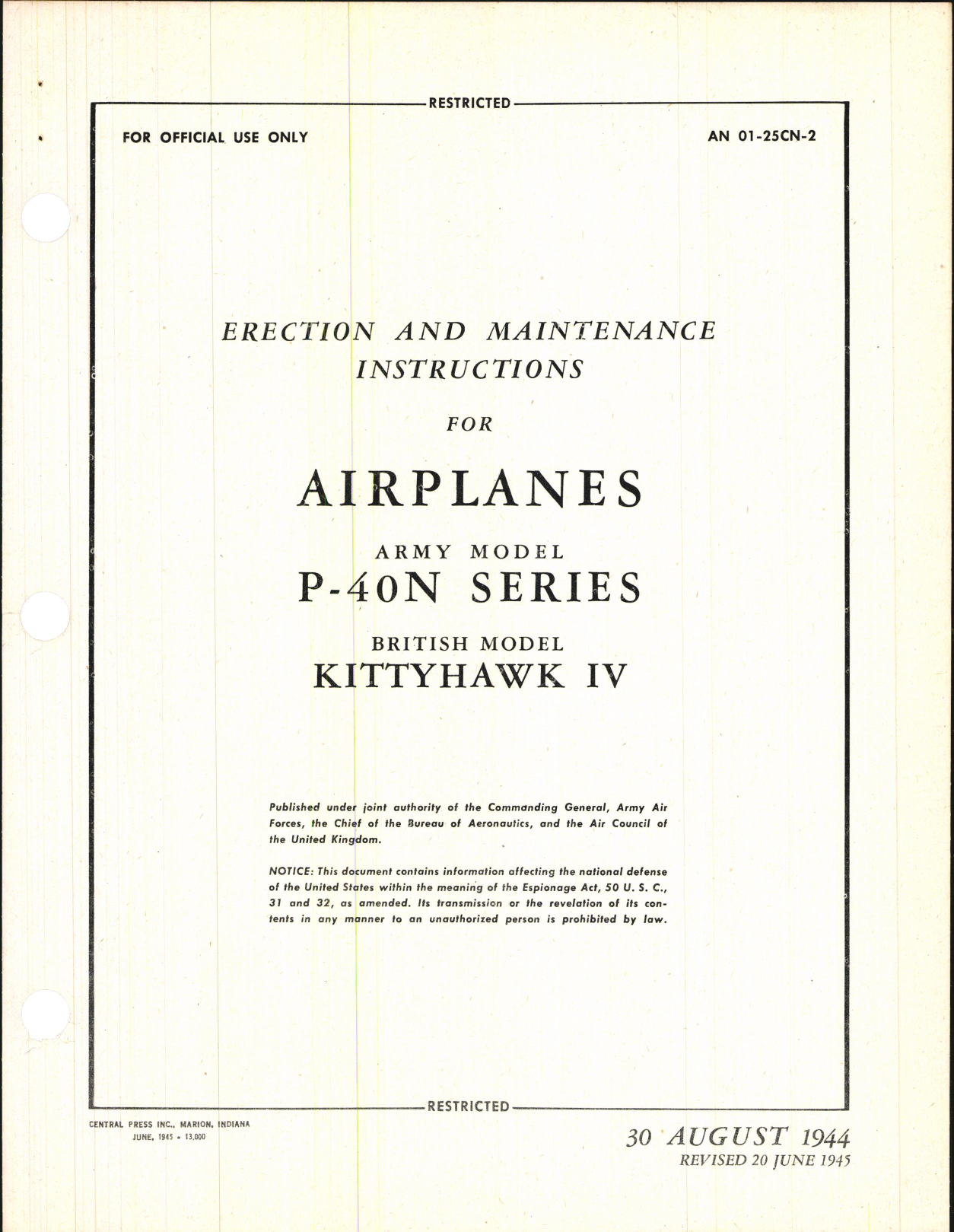 Sample page 1 from AirCorps Library document: Erection & Maintenance Instructions for P-40N Series, Kittyhawk IV