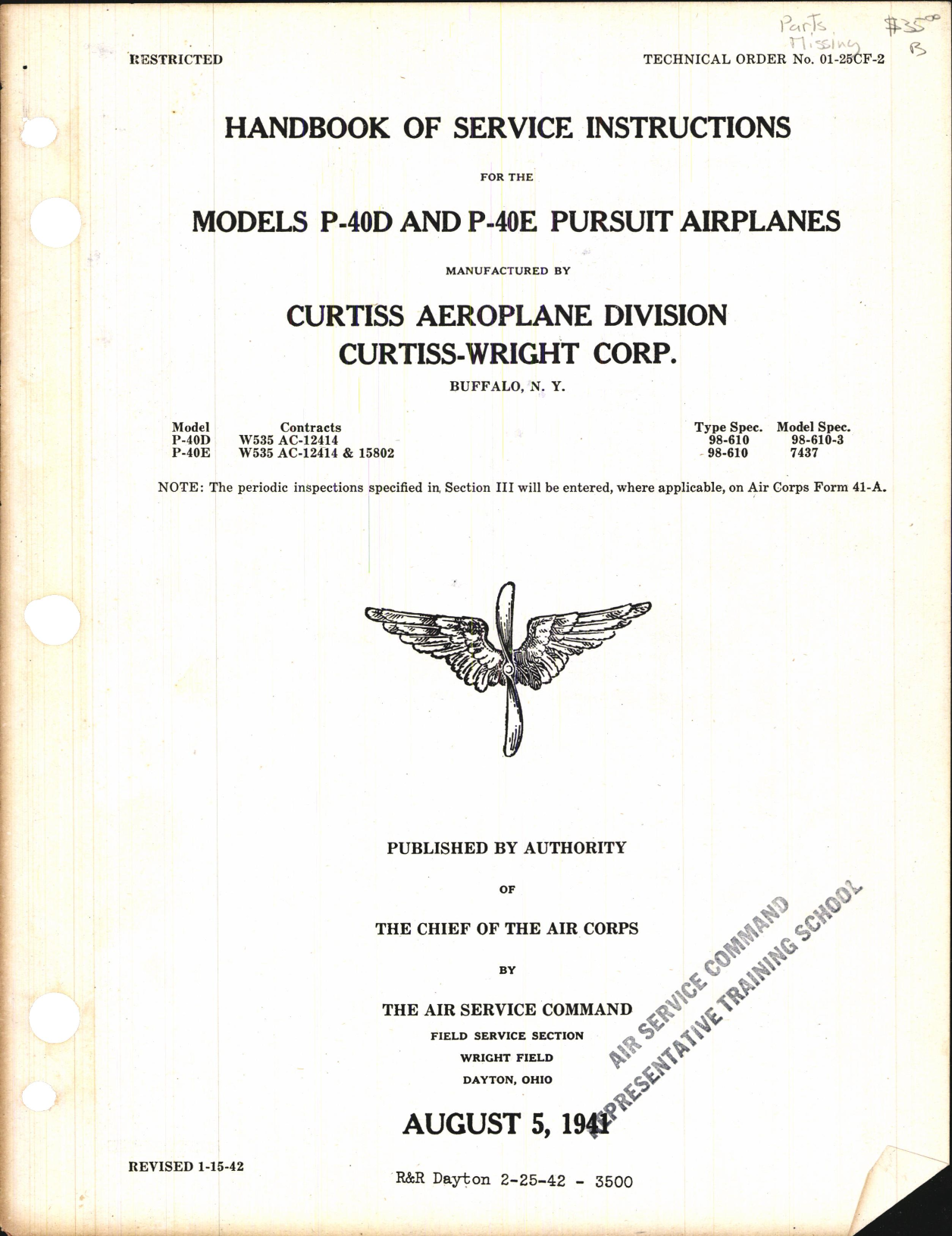 Sample page 1 from AirCorps Library document: Service Instructions for Models P-40D and P-40E Pursuit Airplanes