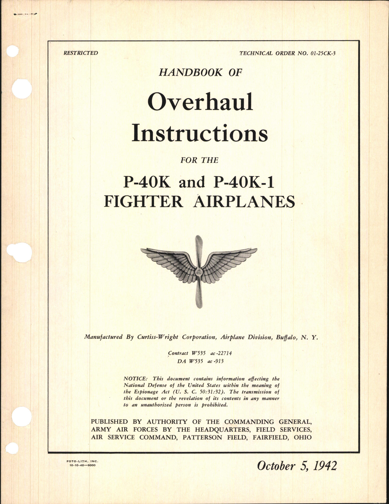 Sample page 1 from AirCorps Library document: Overhaul Instructions for the P-40K and P-40K-1 Fighter Airplanes
