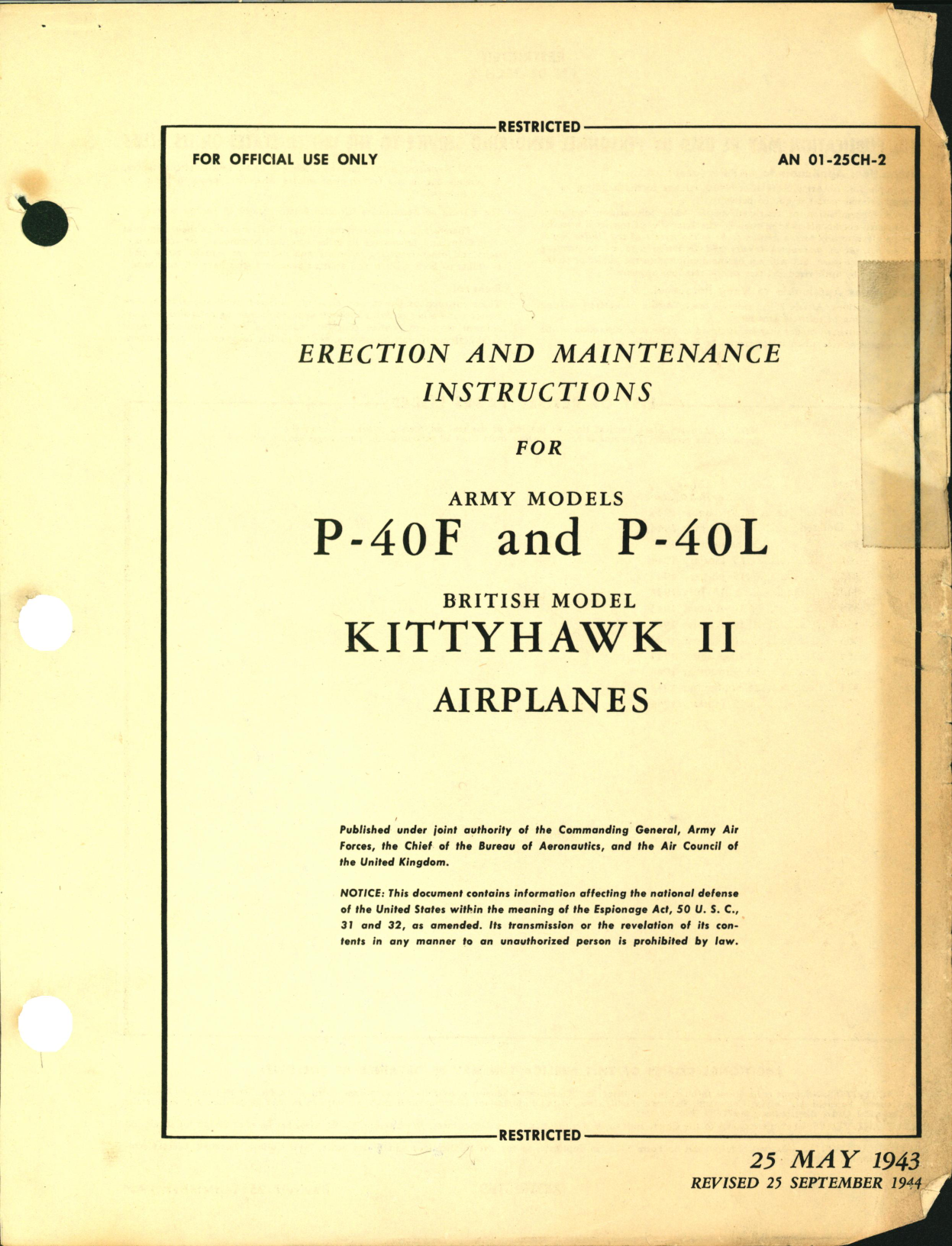 Sample page 1 from AirCorps Library document: Erection & Maintenance Instructions for P-40F and P-40L, Kittyhawk II