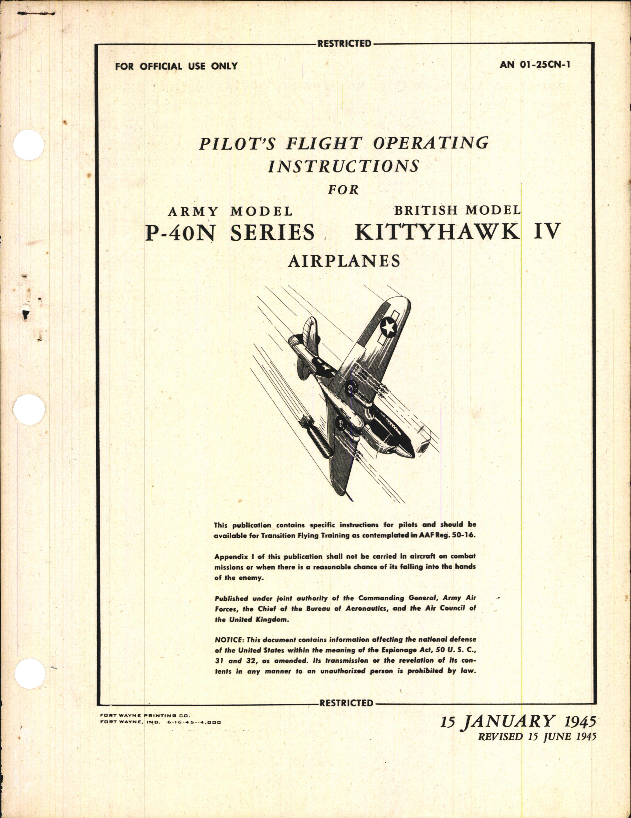 Sample page 1 from AirCorps Library document: Pilot's Flight Operating Instructions for P-40N Series, Kittyhawk IV