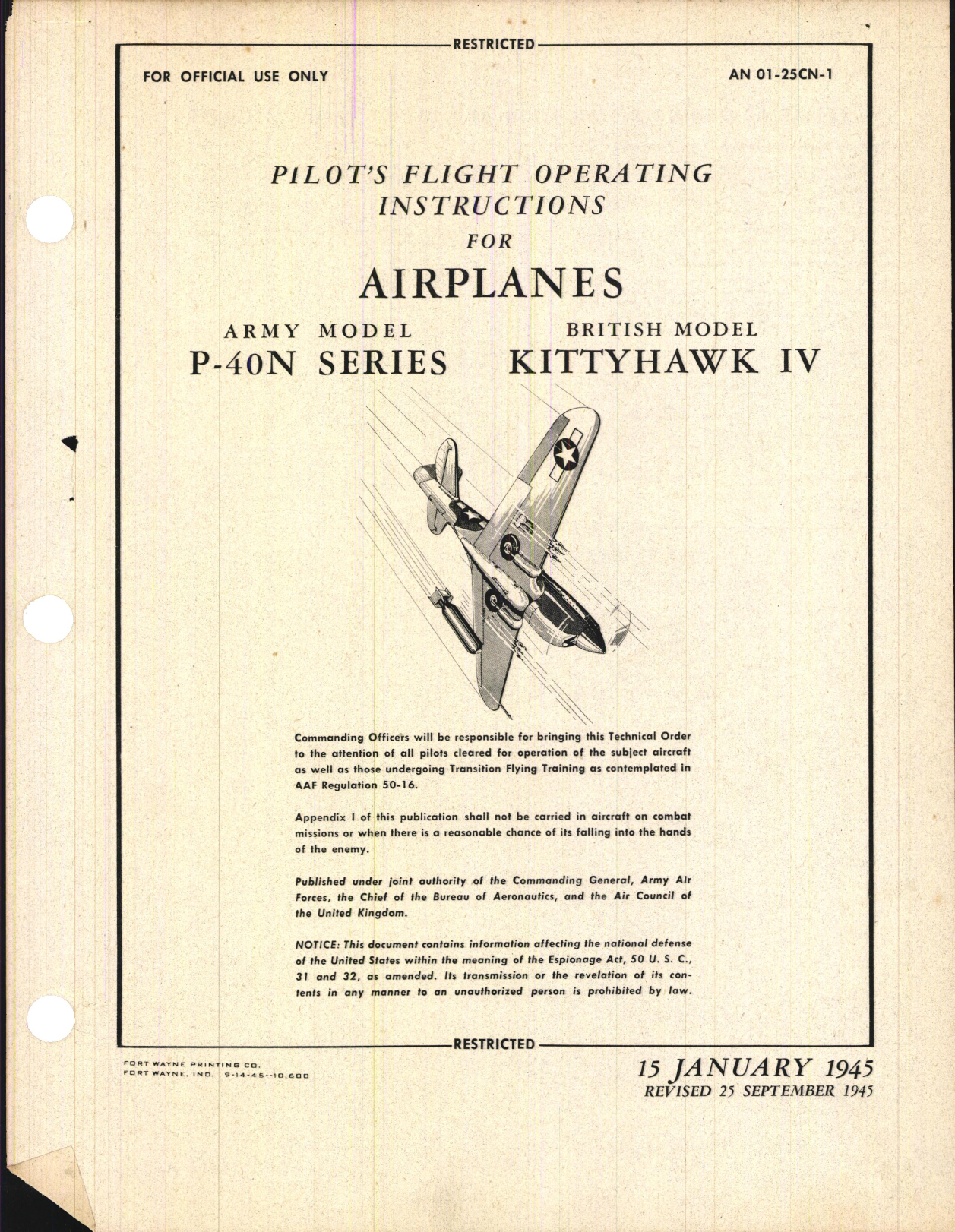 Sample page 1 from AirCorps Library document: Pilot's Flight Operating Instructions for P-40N Series, Kittyhawk IV