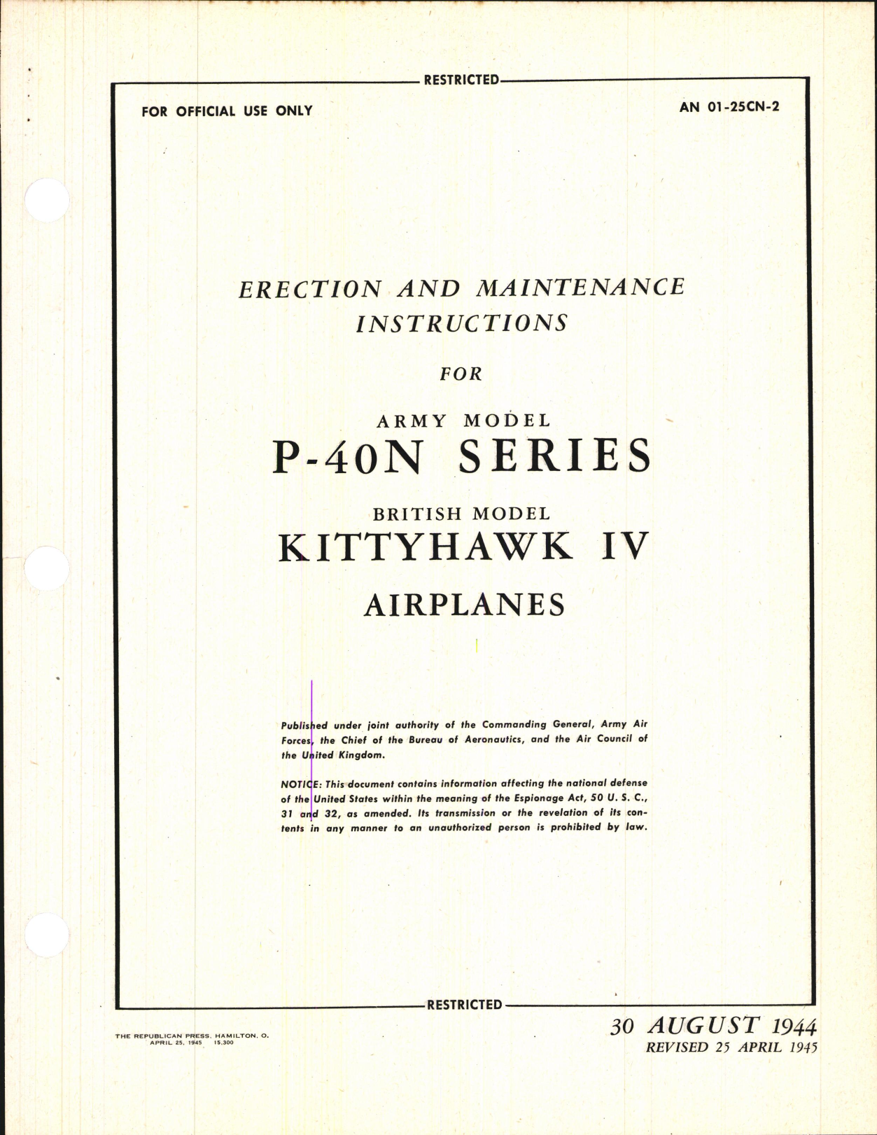 Sample page 1 from AirCorps Library document: Erection & Maintenance Instructions for P-40N Series, Kittyhawk IV