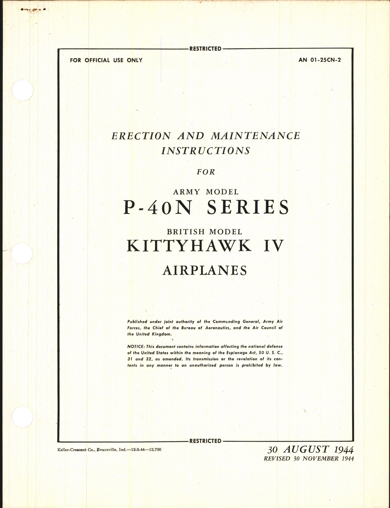 Sample page 1 from AirCorps Library document: Erection & Maintenance Instructions for P-40N Series, Kittyhawk IV