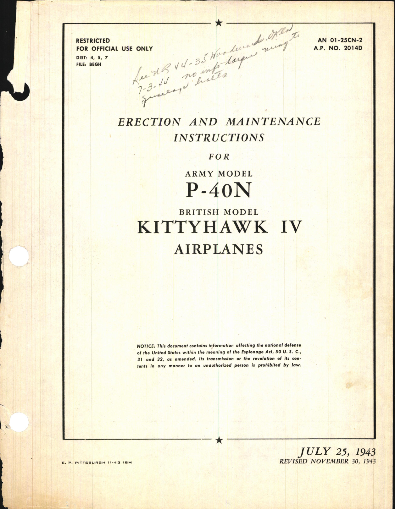 Sample page 1 from AirCorps Library document: Erection & Maintenance Instructions for P-40N Series, Kittyhawk IV