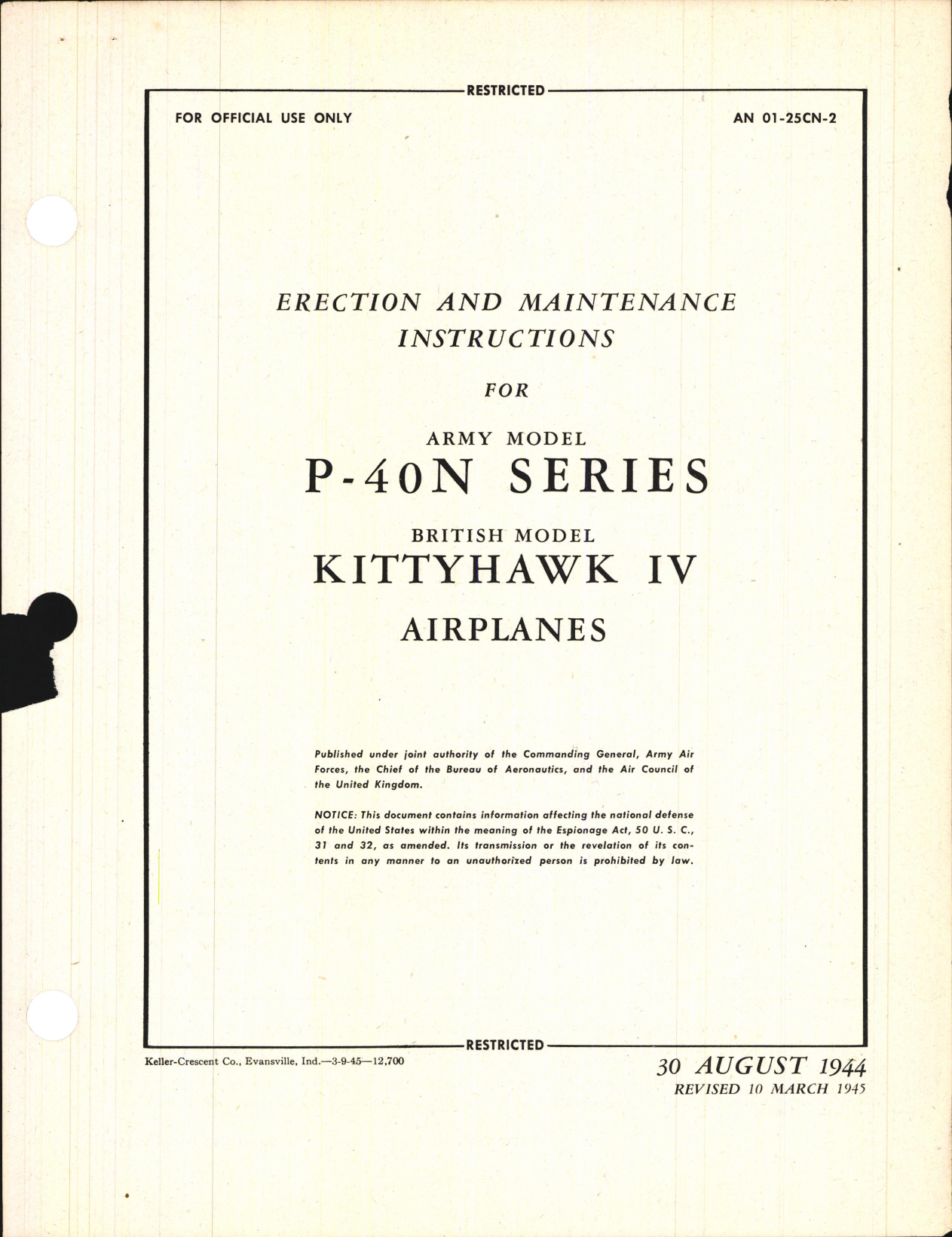 Sample page 1 from AirCorps Library document: Erection & Maintenance Instructions for P-40N Series, Kittyhawk IV