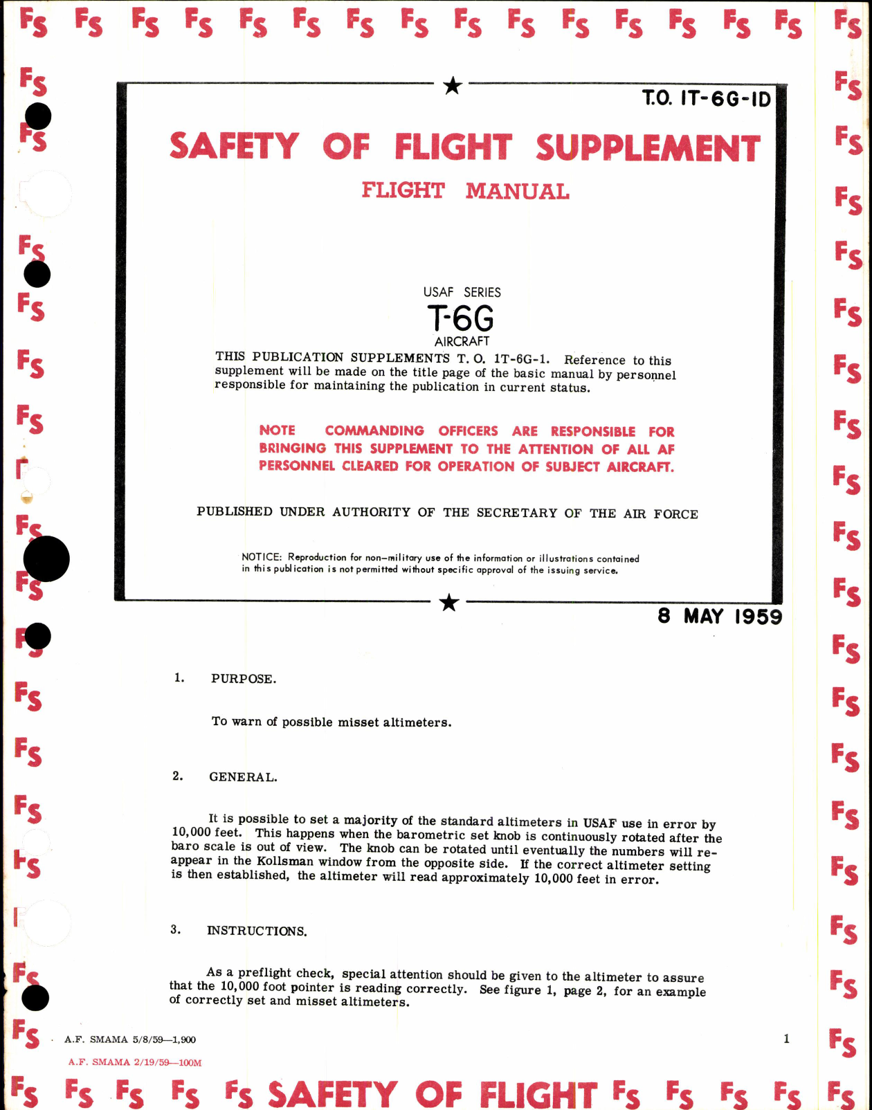 Sample page 1 from AirCorps Library document: Safety of Flight Supplement Flight Manual for T-6G Aircraft