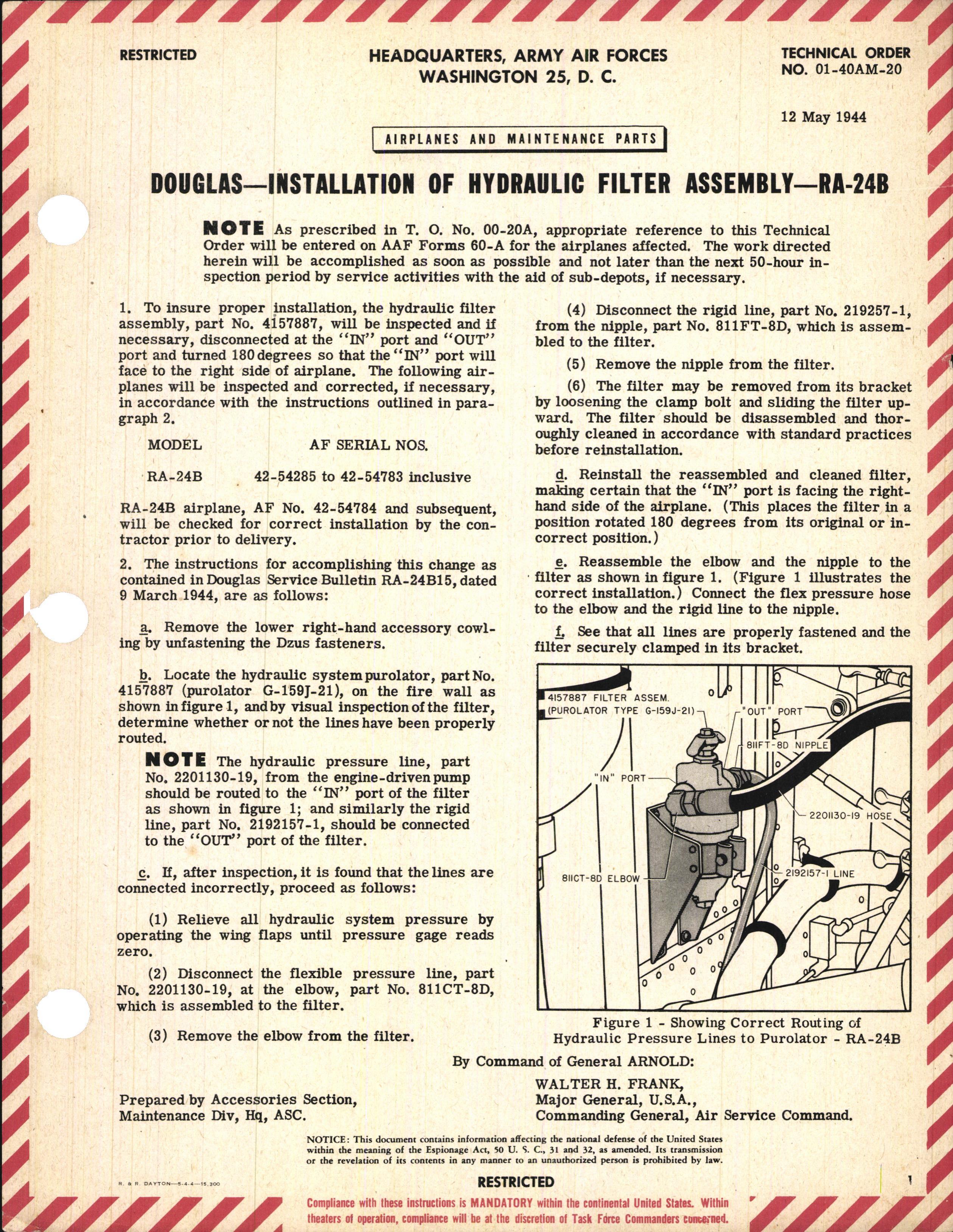 Sample page 1 from AirCorps Library document: Installation of Hydraulic Filter Assembly for RA-24B