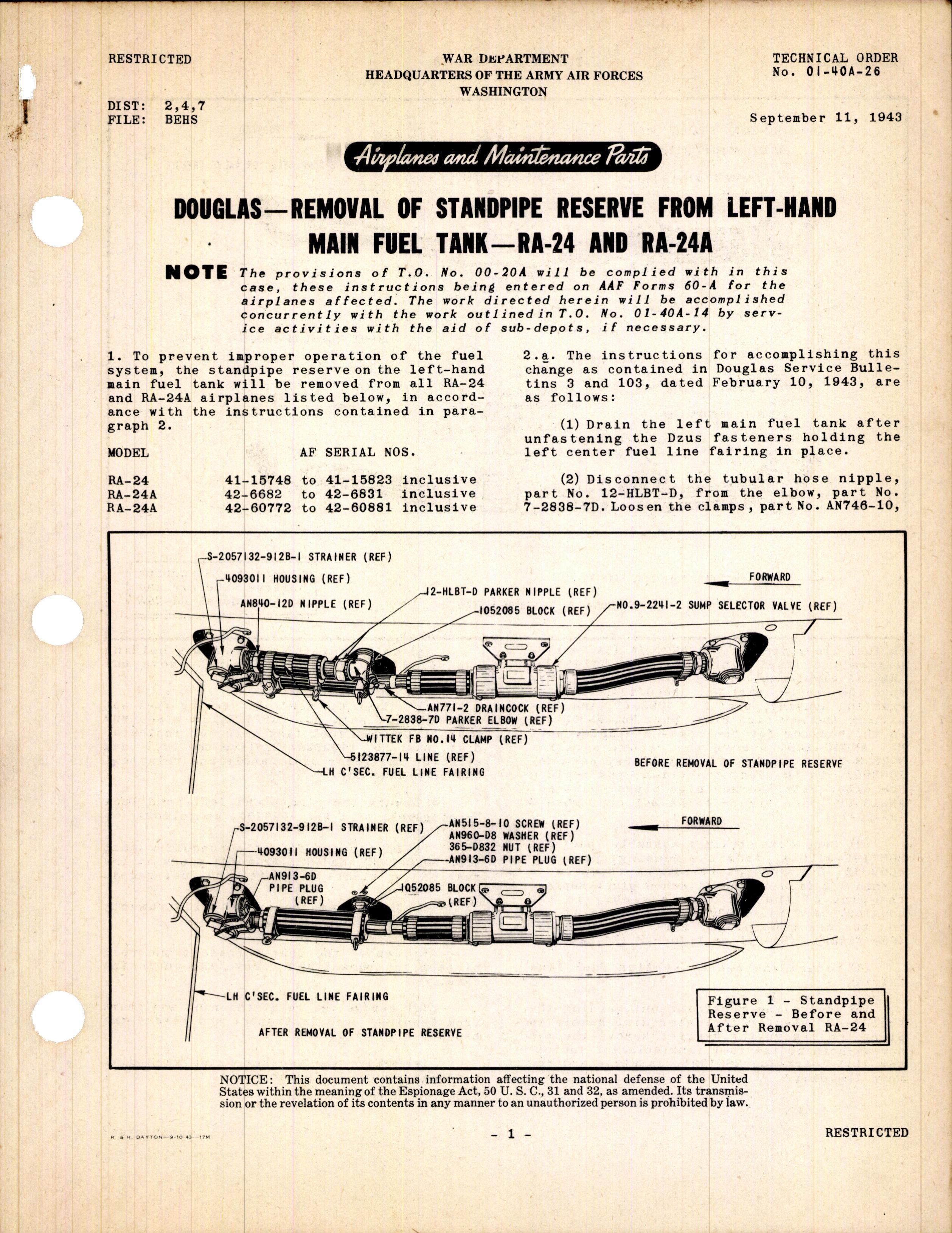 Sample page 1 from AirCorps Library document: Removal of Standpipe Reserve From Left-Hand Main Fuel Tank for RA-24 and RA-24A