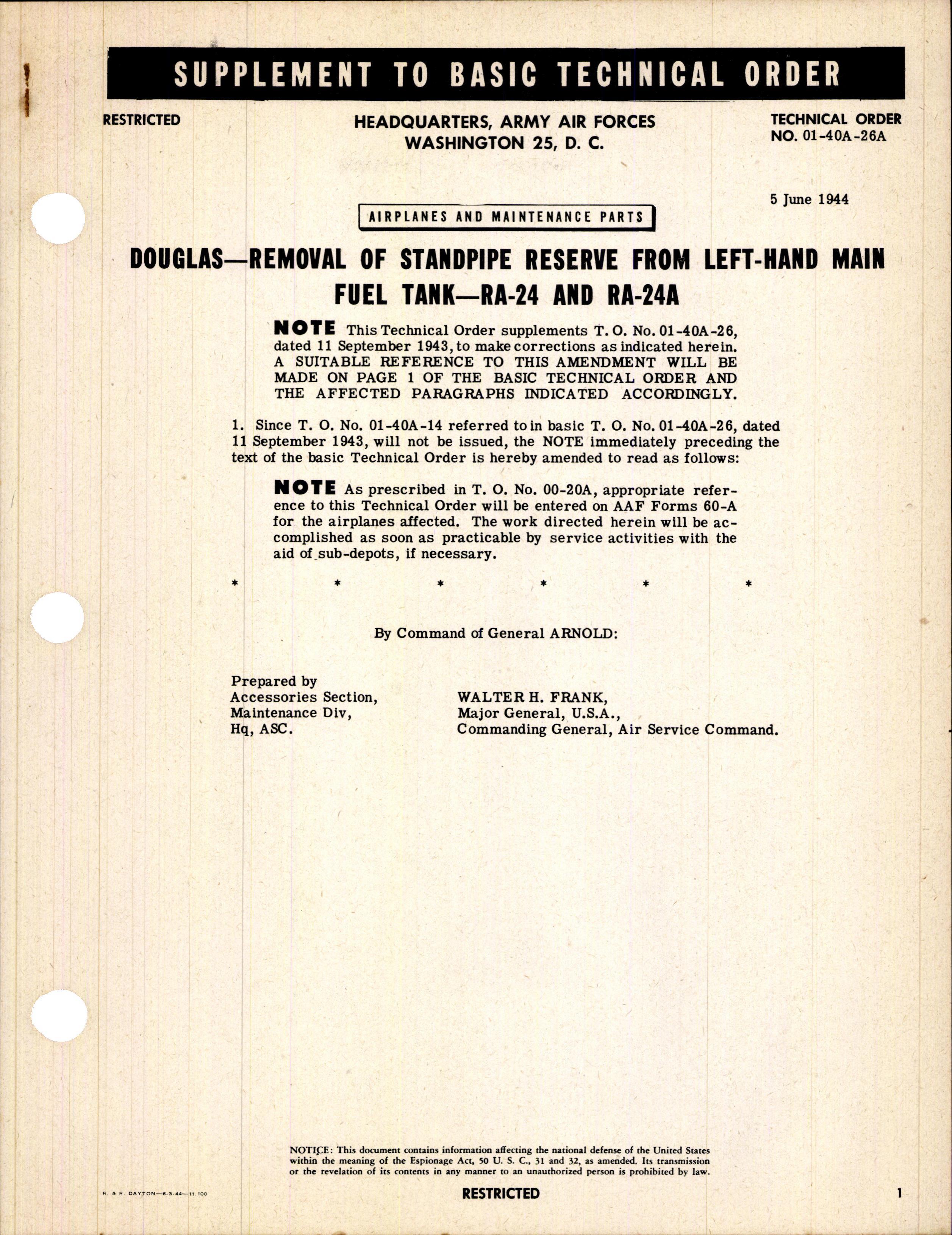 Sample page 1 from AirCorps Library document: Removal of Standpipe Reserve From Left-Hand Main Fuel Tank for RA-24 and RA-24A