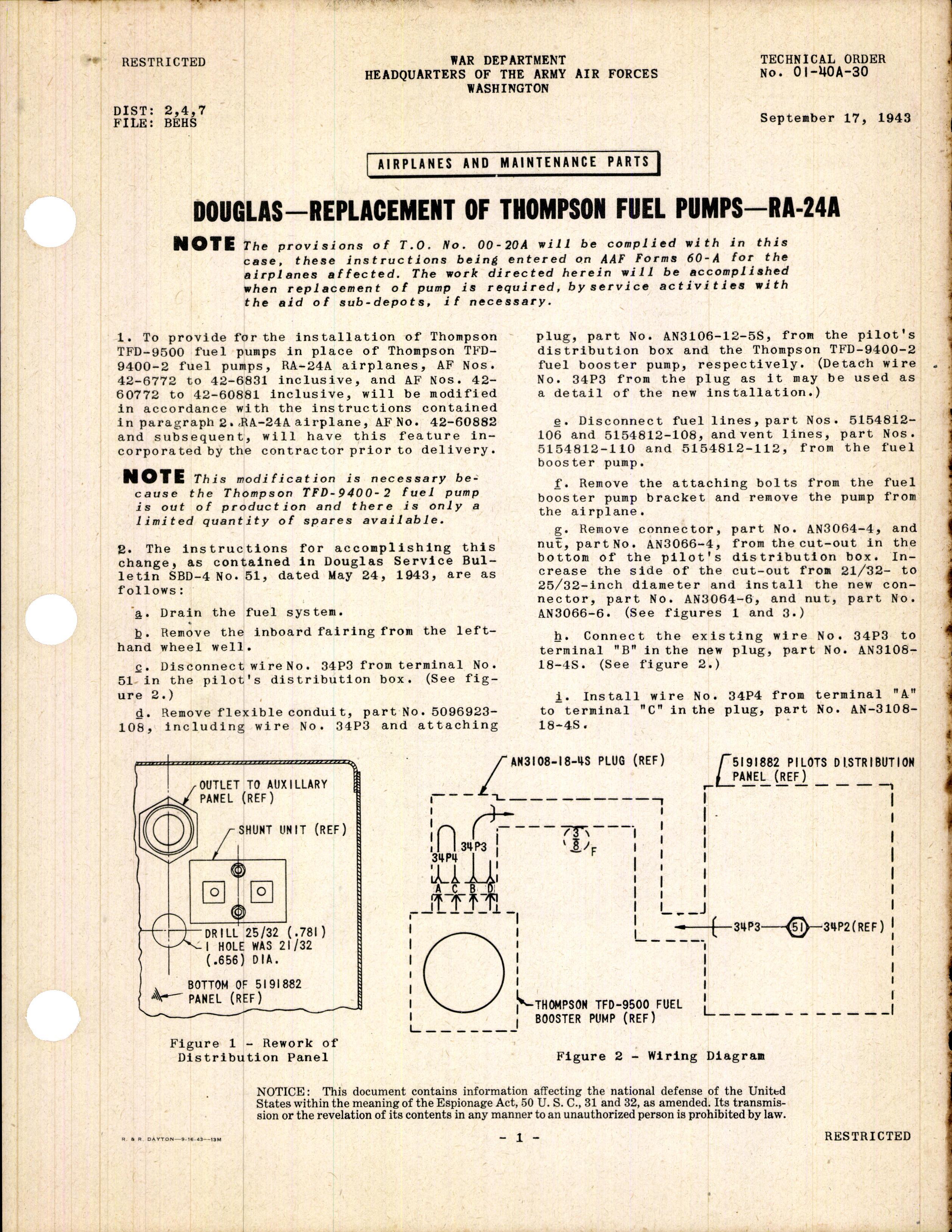 Sample page 1 from AirCorps Library document: Replacement of Thompson Fuel Pumps for RA-24A