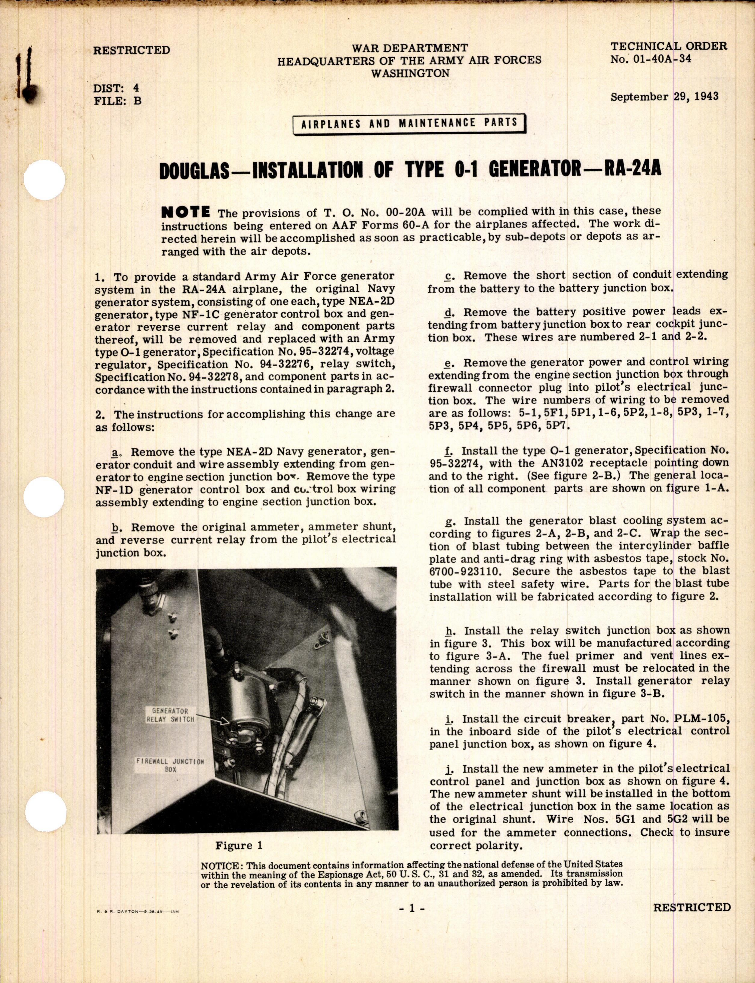 Sample page 1 from AirCorps Library document: Installation of Type 0-1 Generator for RA-24A