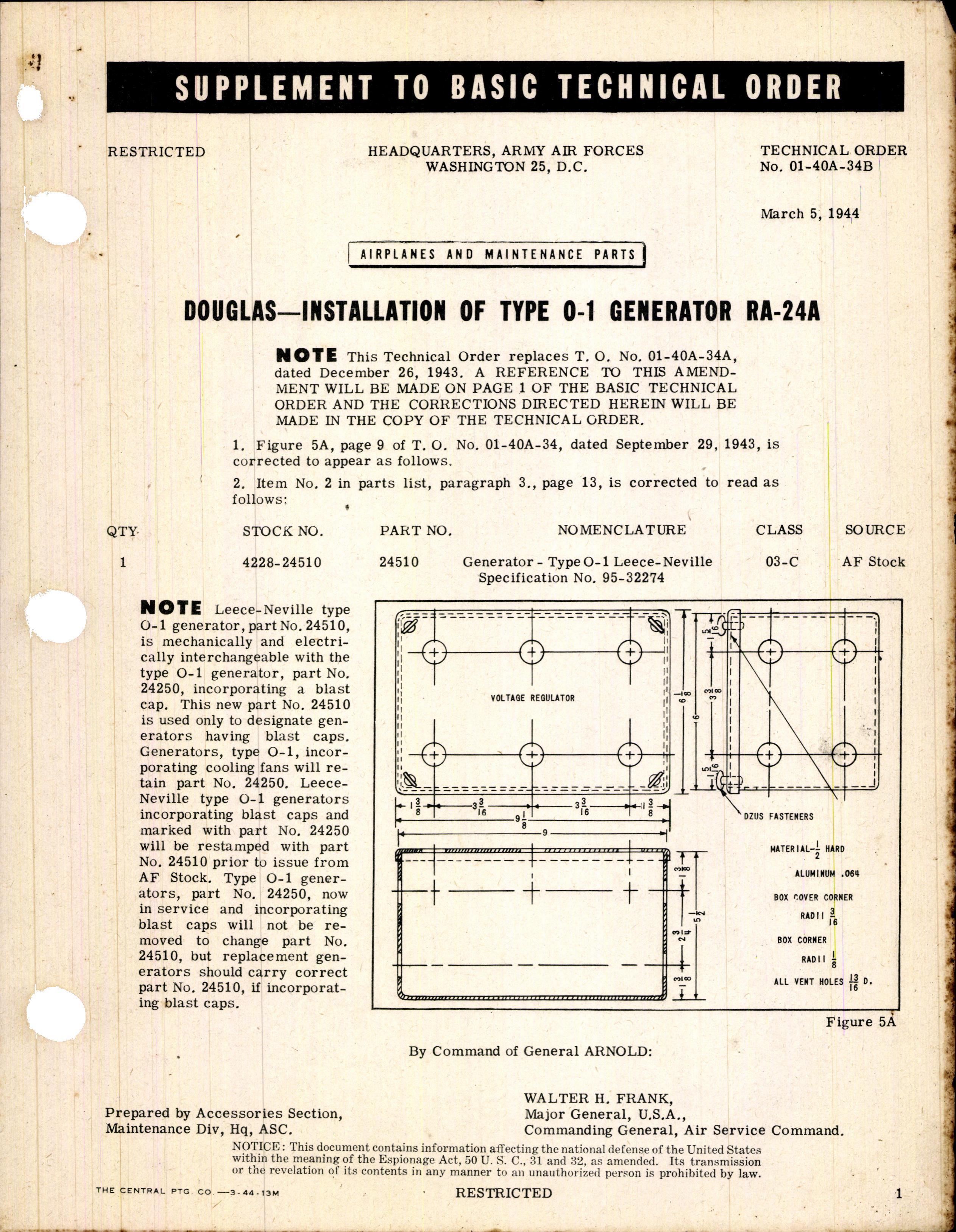 Sample page 1 from AirCorps Library document: Installation of Type 0-1 Generator for RA-24A
