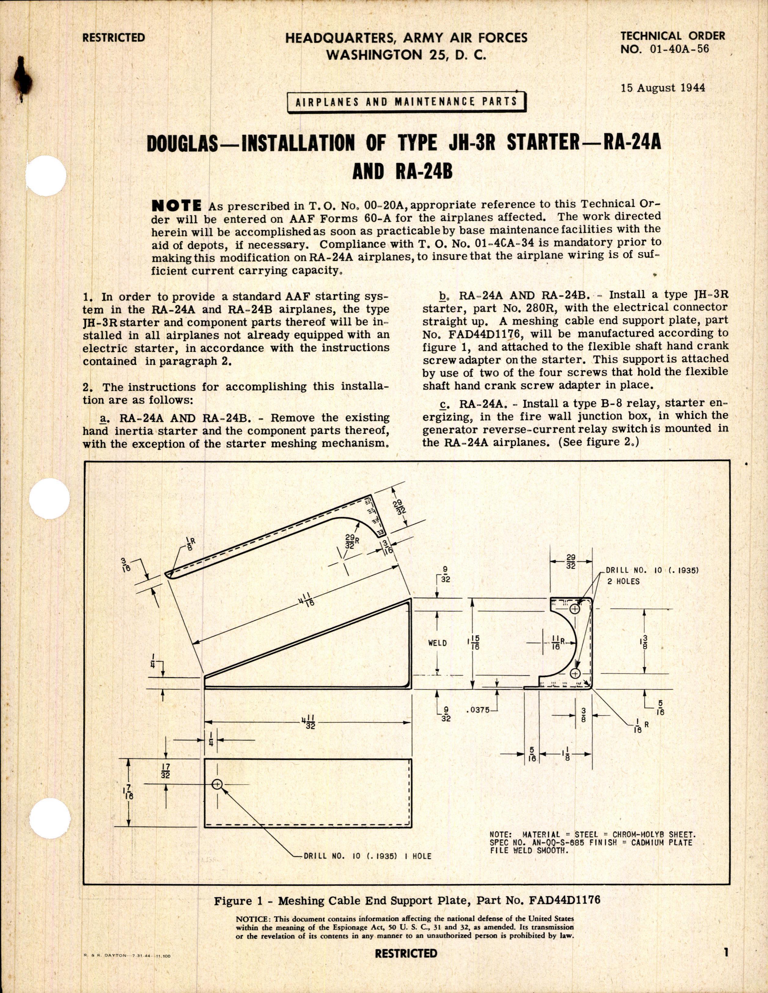 Sample page 1 from AirCorps Library document: Installation of Type JH-3R Starter for RA-24 and RA-24A