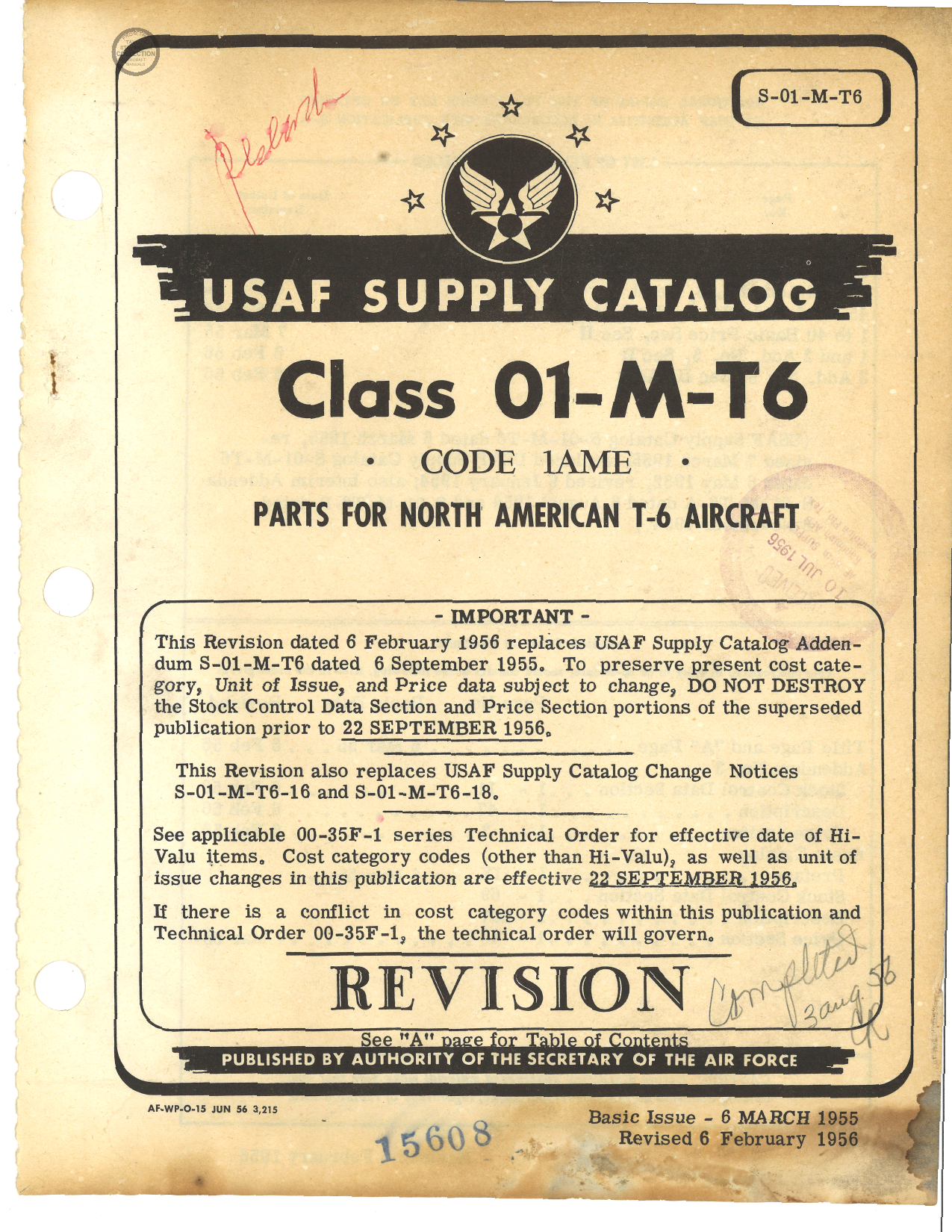 Sample page 1 from AirCorps Library document: USAF Supply Catalog - T-6