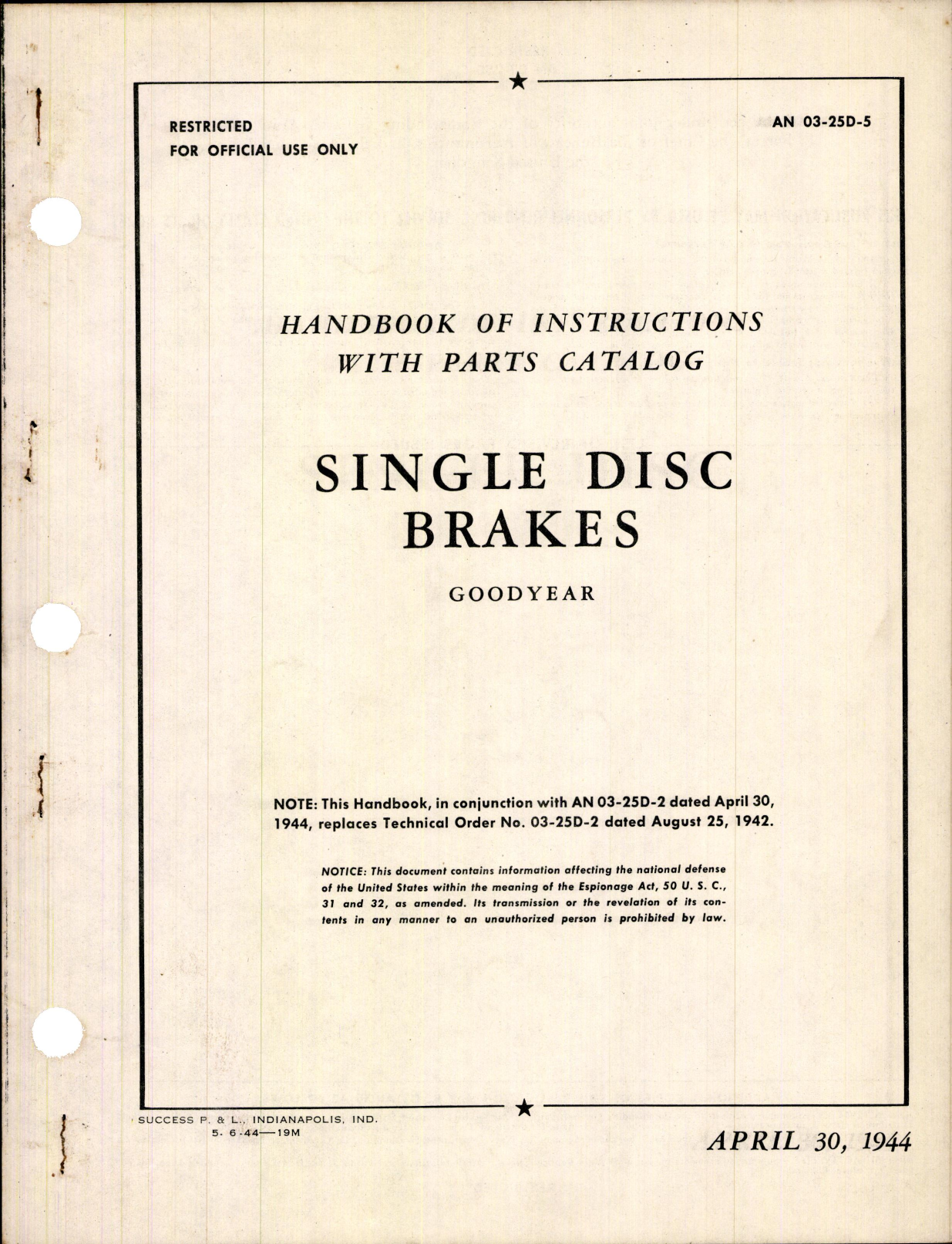 Sample page 1 from AirCorps Library document: Instructions with Parts Catalog for Single Disk Brakes