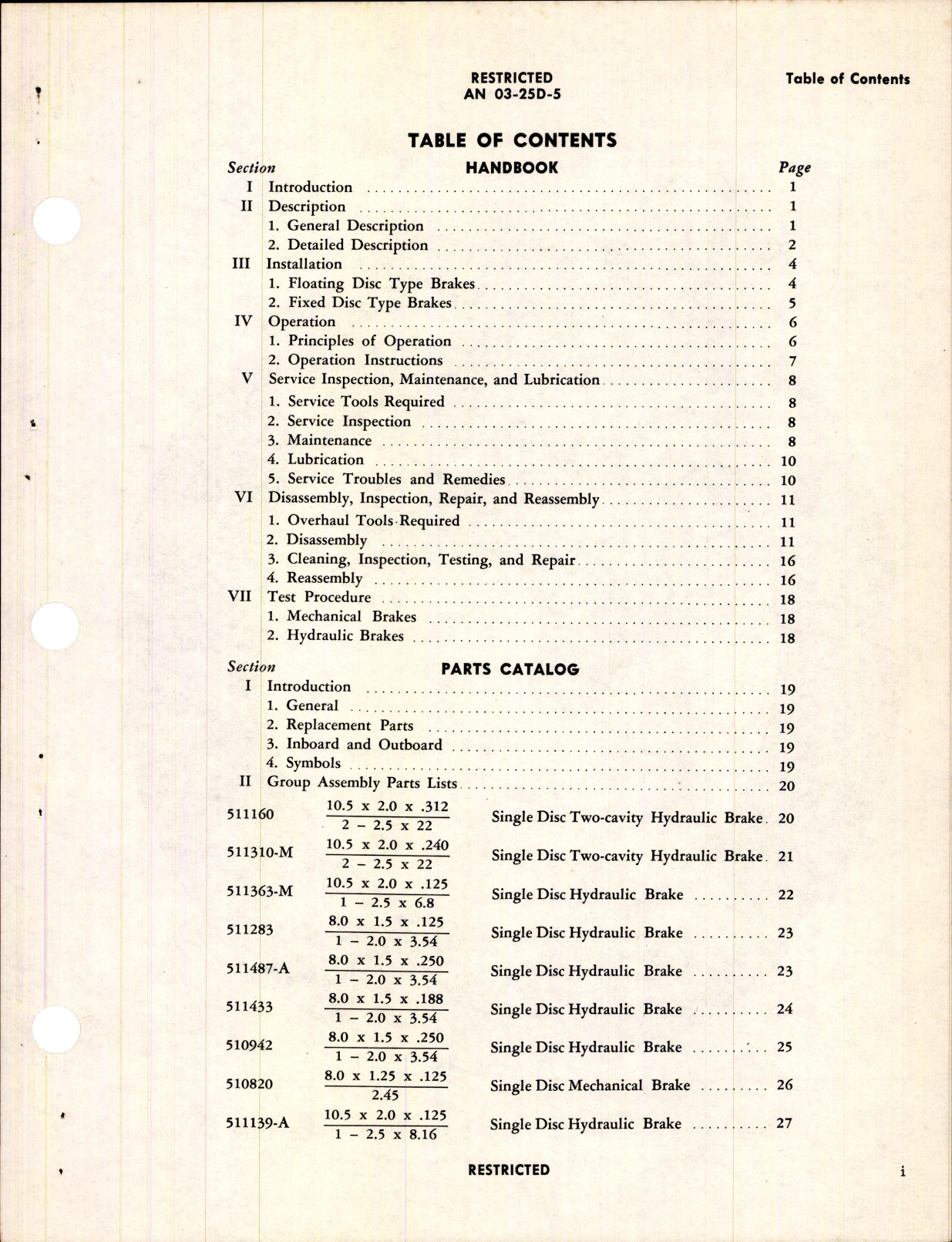 Sample page 3 from AirCorps Library document: Instructions with Parts Catalog for Single Disk Brakes