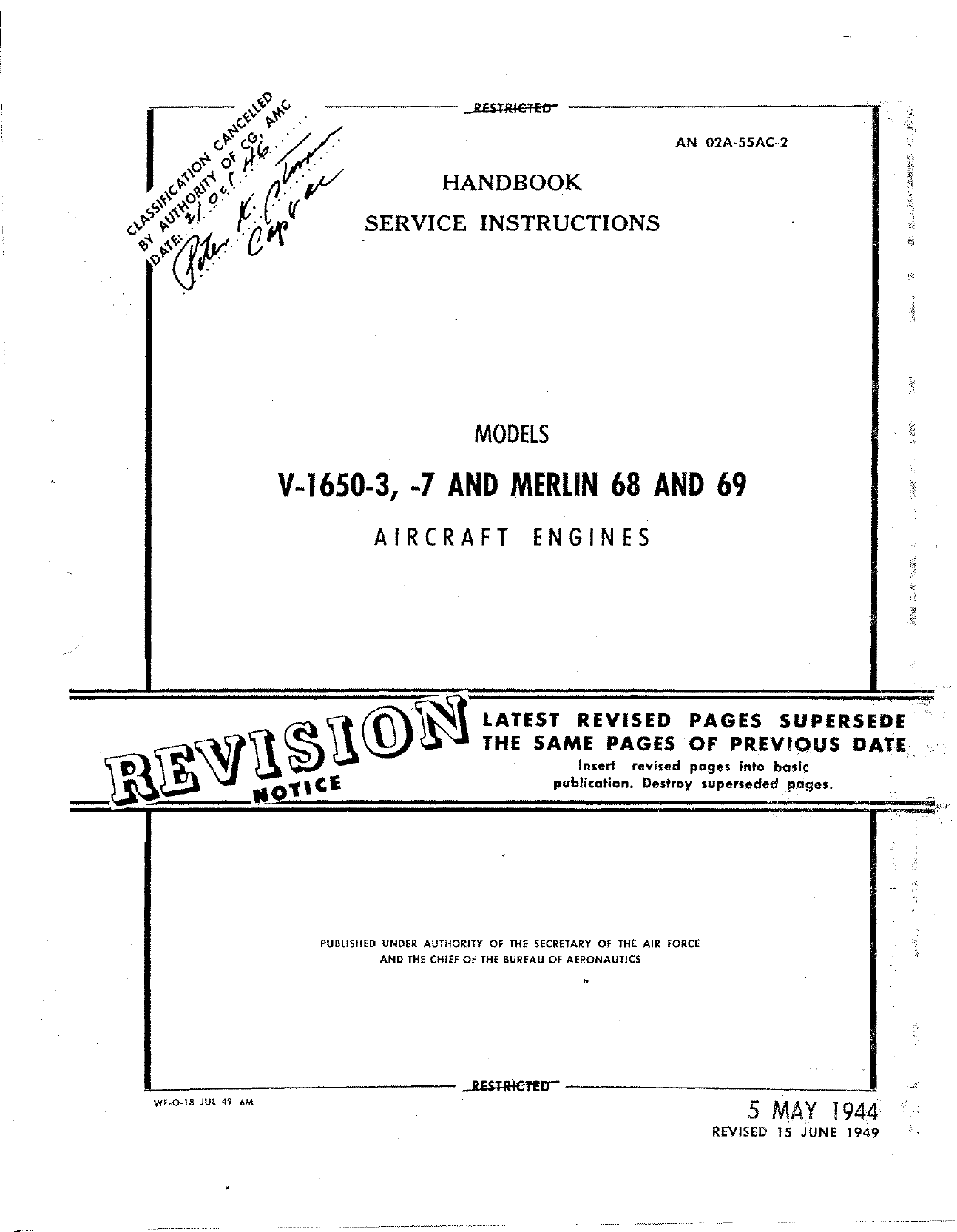 Sample page 1 from AirCorps Library document: Service Instructions for Models V-1650-3, -7, and Merlin 68 and 69 Aircraft Engines