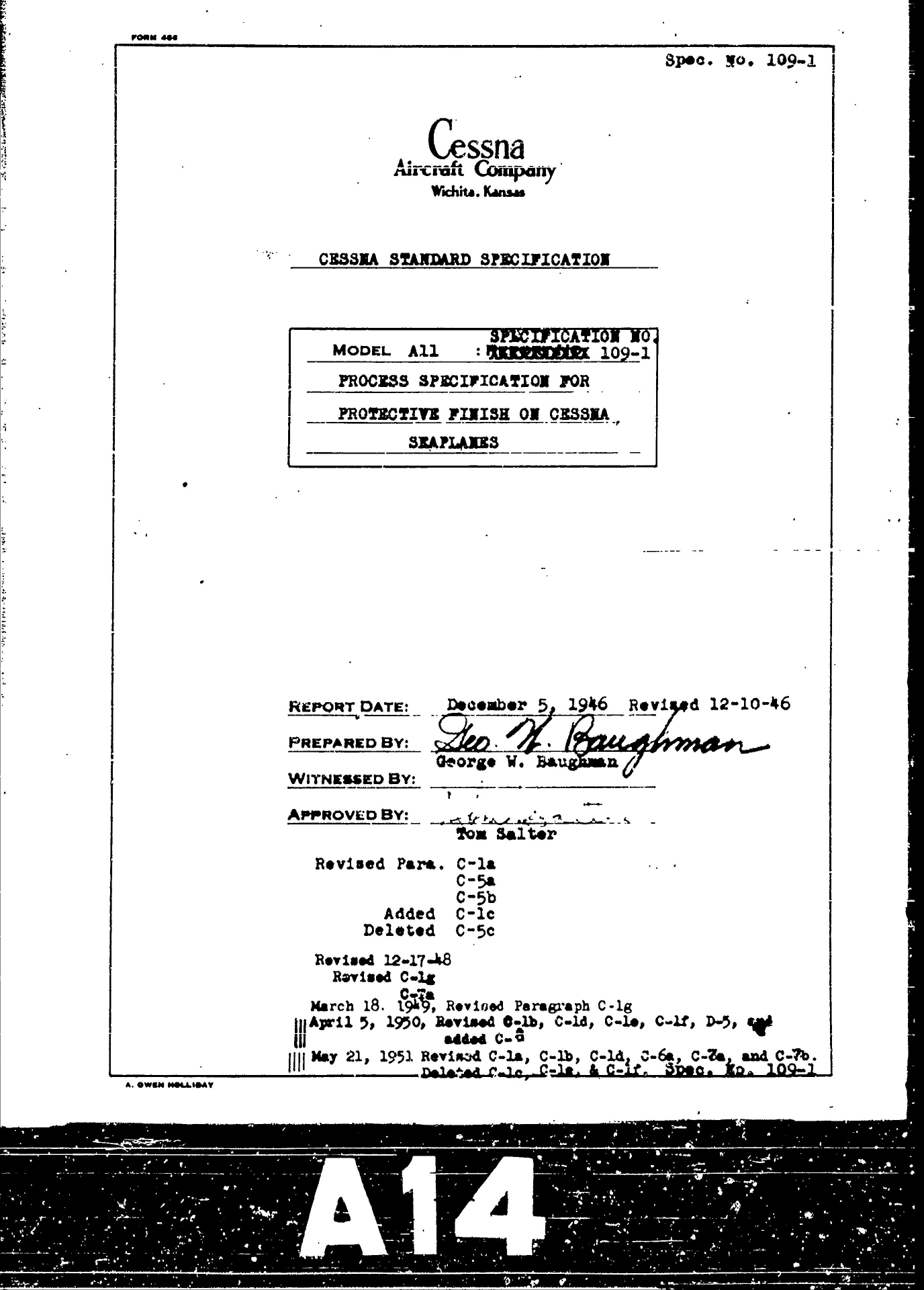 Sample page 1 from AirCorps Library document: Process Specification for Protective Finishes on Cessna Seaplanes