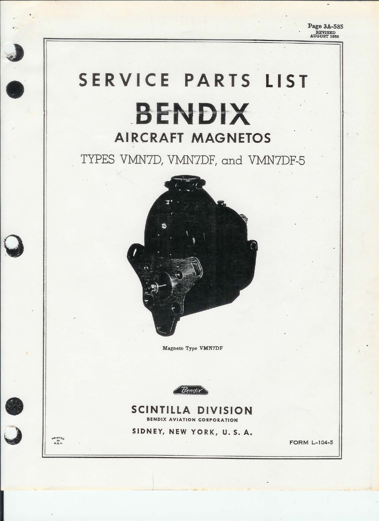 Sample page 1 from AirCorps Library document: Service Parts List for Bendix Aircraft Magnetos Types VMN7D, DF, and DF-5