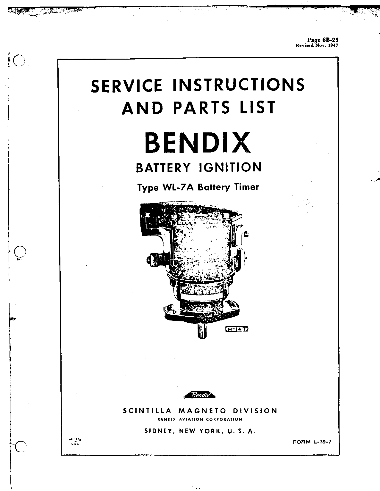 Sample page 1 from AirCorps Library document: Service Instructions and Parts List for Bendix Battery Ignition Type WL-7A Battery Timer