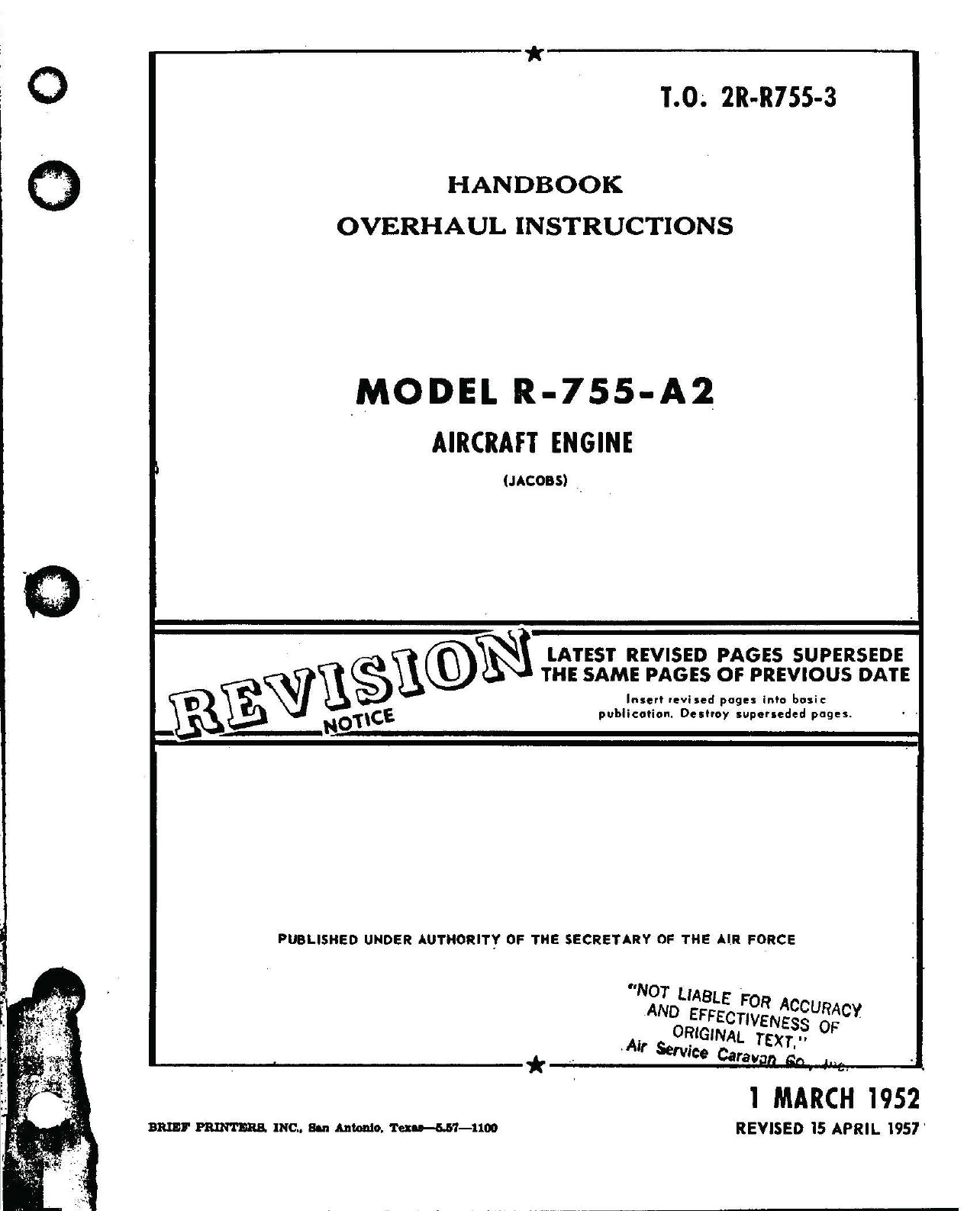 Sample page 1 from AirCorps Library document: Overhaul Instructions for R-755-A2 Engine