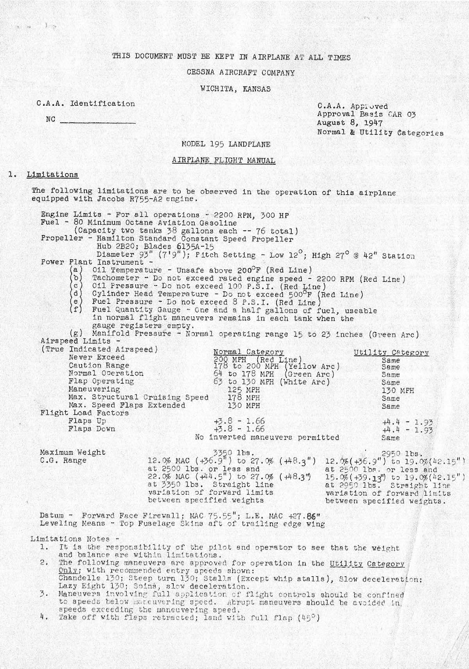 Sample page 1 from AirCorps Library document: Model 195 Landplane Flight Manual