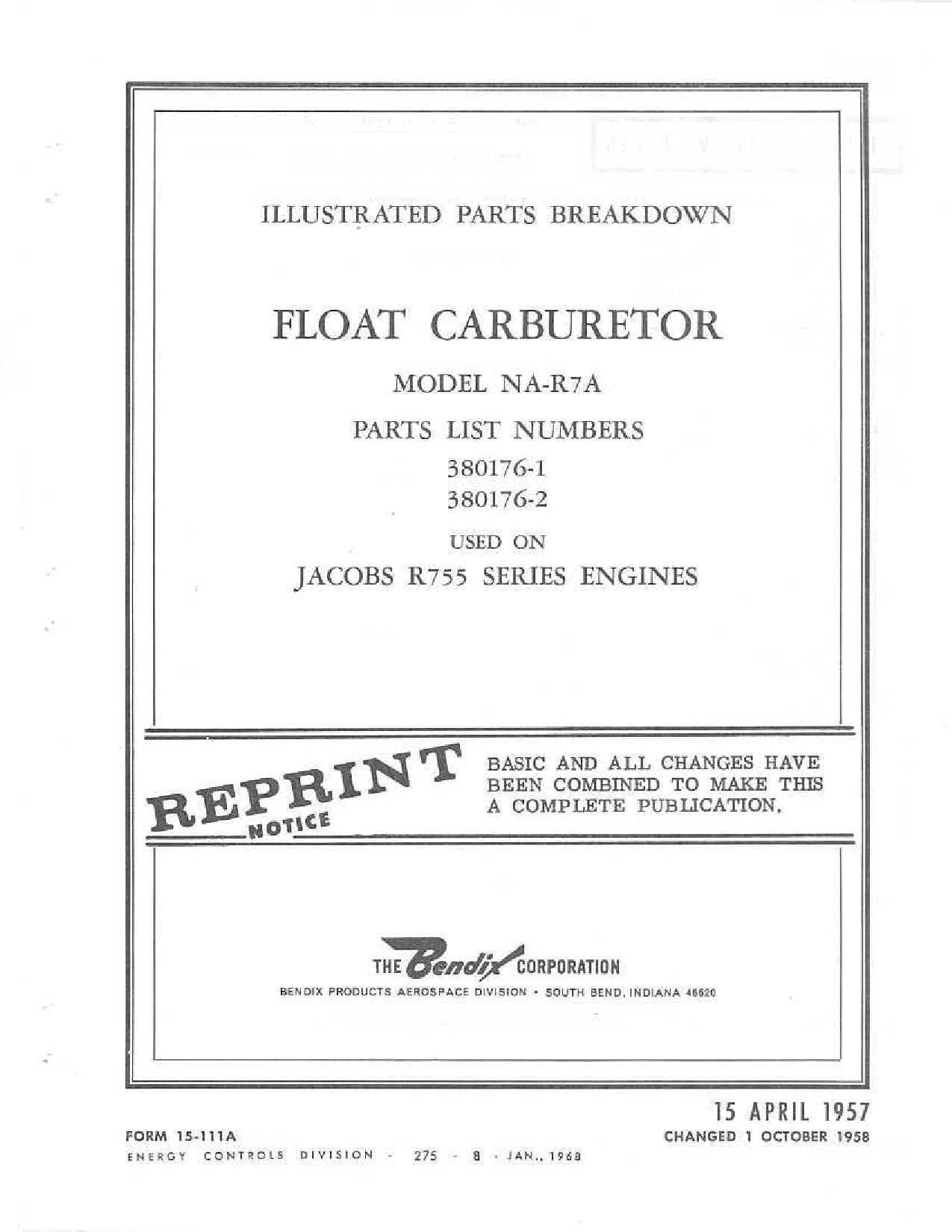 Sample page 1 from AirCorps Library document: Overhaul Instructions for Float Carburetor Model NA-R7A used on Jacobs R755 Engines