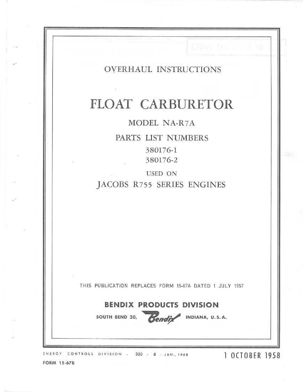 Sample page 1 from AirCorps Library document: Illustrated Parts Breakdown for Float Carburetor Model NA-R7A used on Jacobs R755 Engines