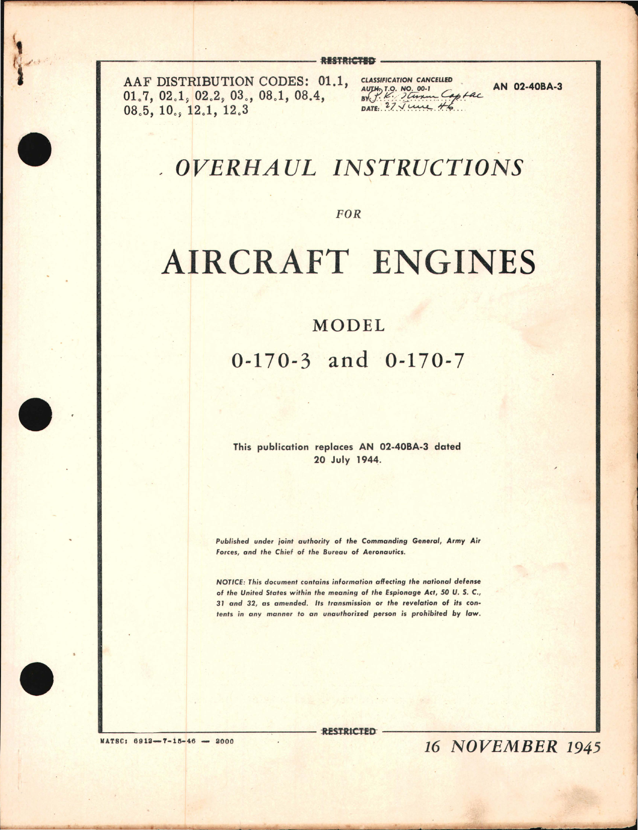 Sample page 1 from AirCorps Library document: Overhaul Instructions for O-170-3 and O-170-7 Engines
