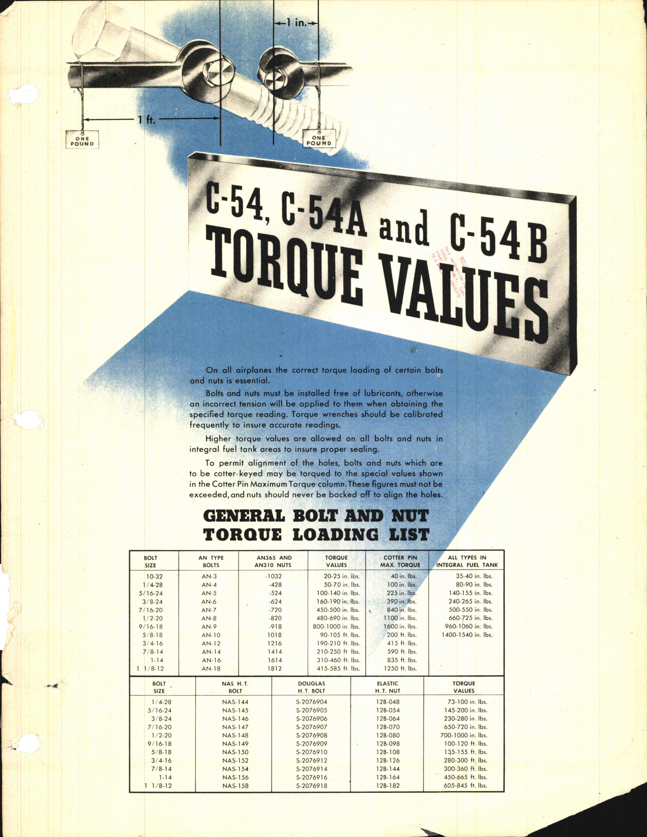 Sample page 1 from AirCorps Library document: C-54, C-54A, and C-54B Torque Values