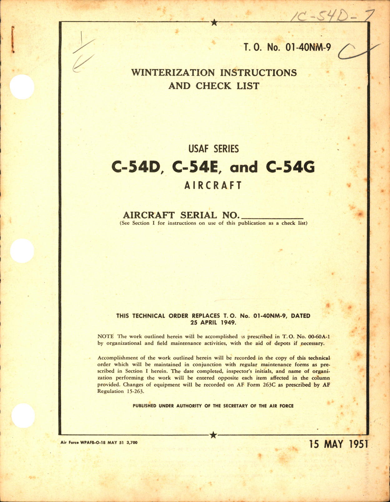 Sample page 1 from AirCorps Library document: Winterization Instructions and Check List for C-54D, E, and G Aircraft