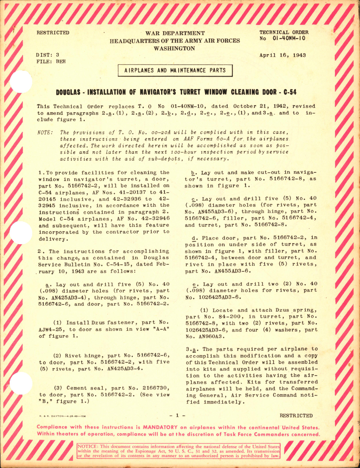 Sample page 1 from AirCorps Library document: Installation of Navigator's Turret Window Cleaning Door for C-54